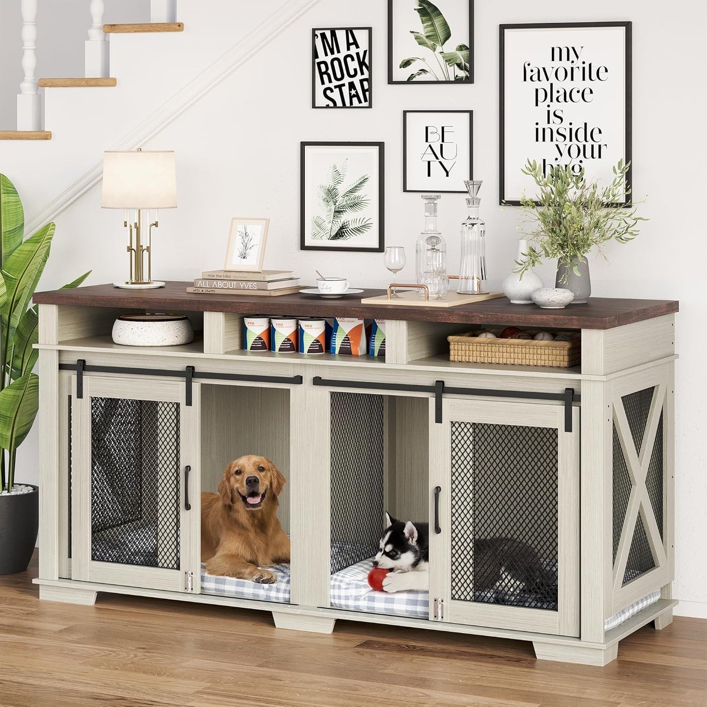 71 in Dog Crate Furniture for 2 Dogs with Storage Drawers