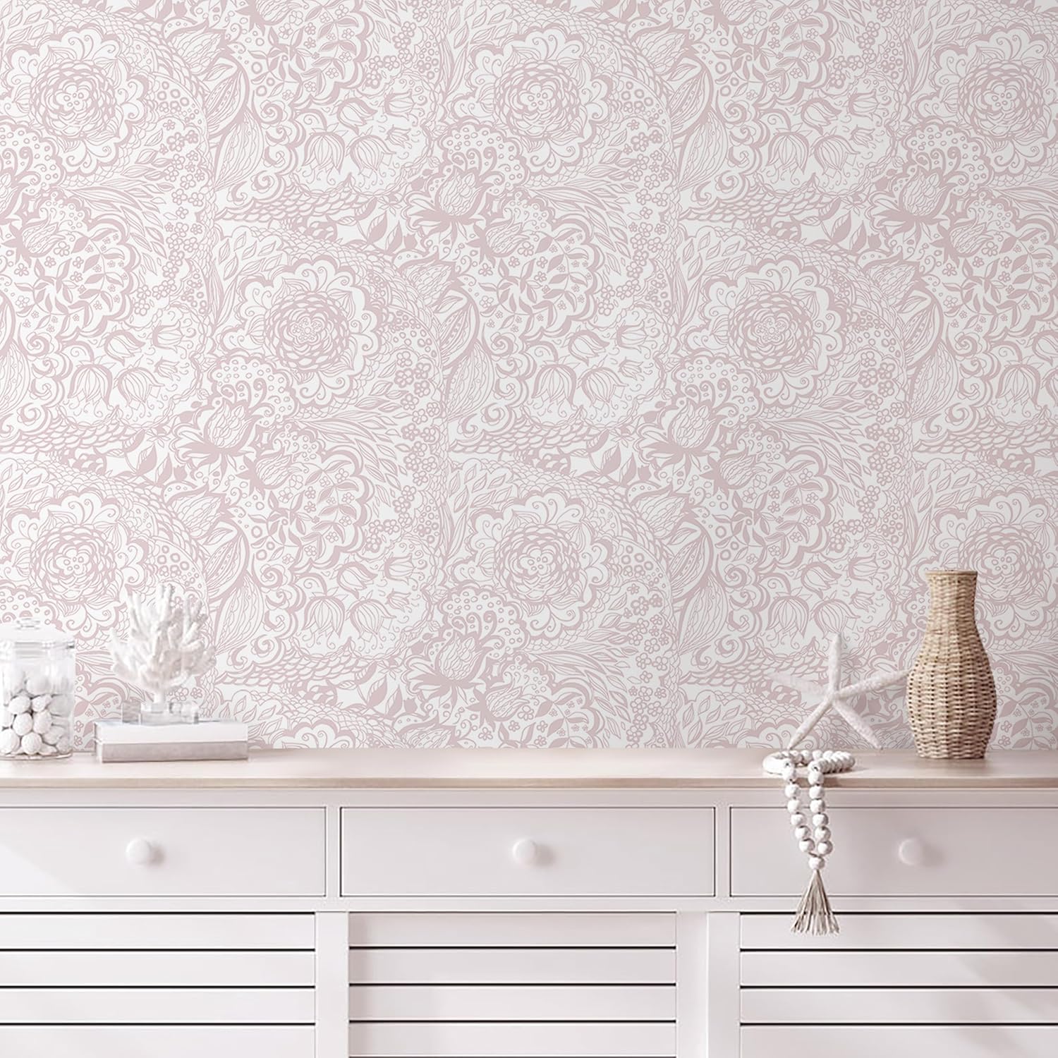 Peel and Stick Wallpaper Boho Pink and White Floral Design