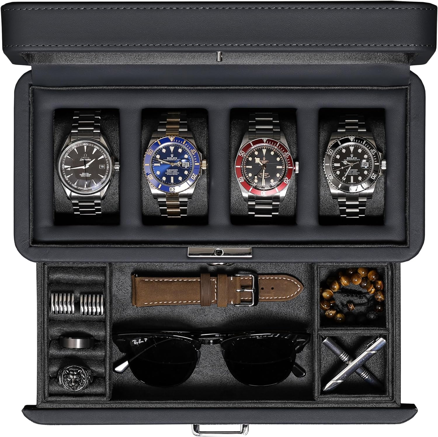 Premium 4 Slot Watch Box with Valet Drawer