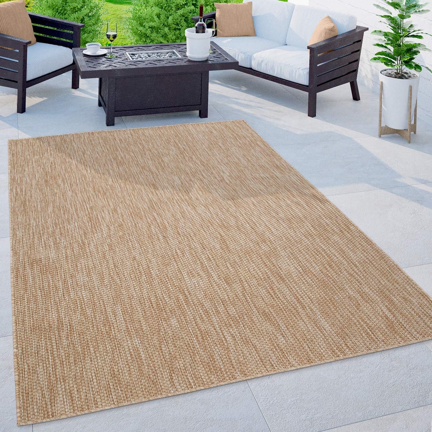 Solid Outdoor Rug for Patio or Balcony Waterproof Light-Brown
