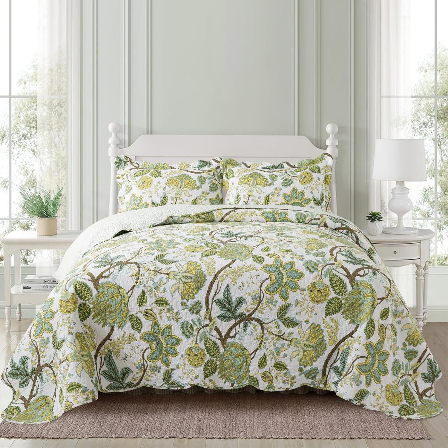 NEWLAKE Cotton Bedspread Quilt Set - Reversible Floral King Size