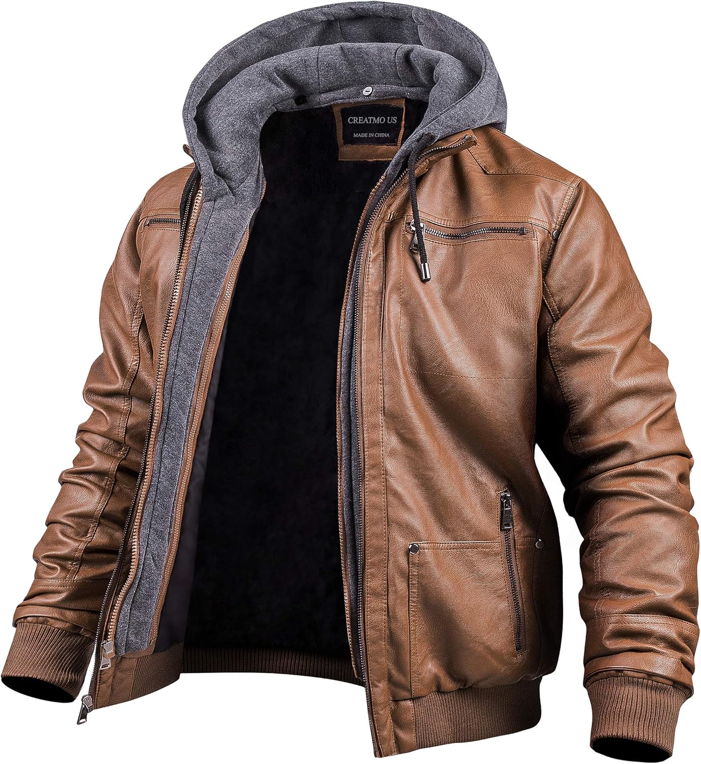 Men's Faux Leather Motorcycle Jacket with Removable Hood