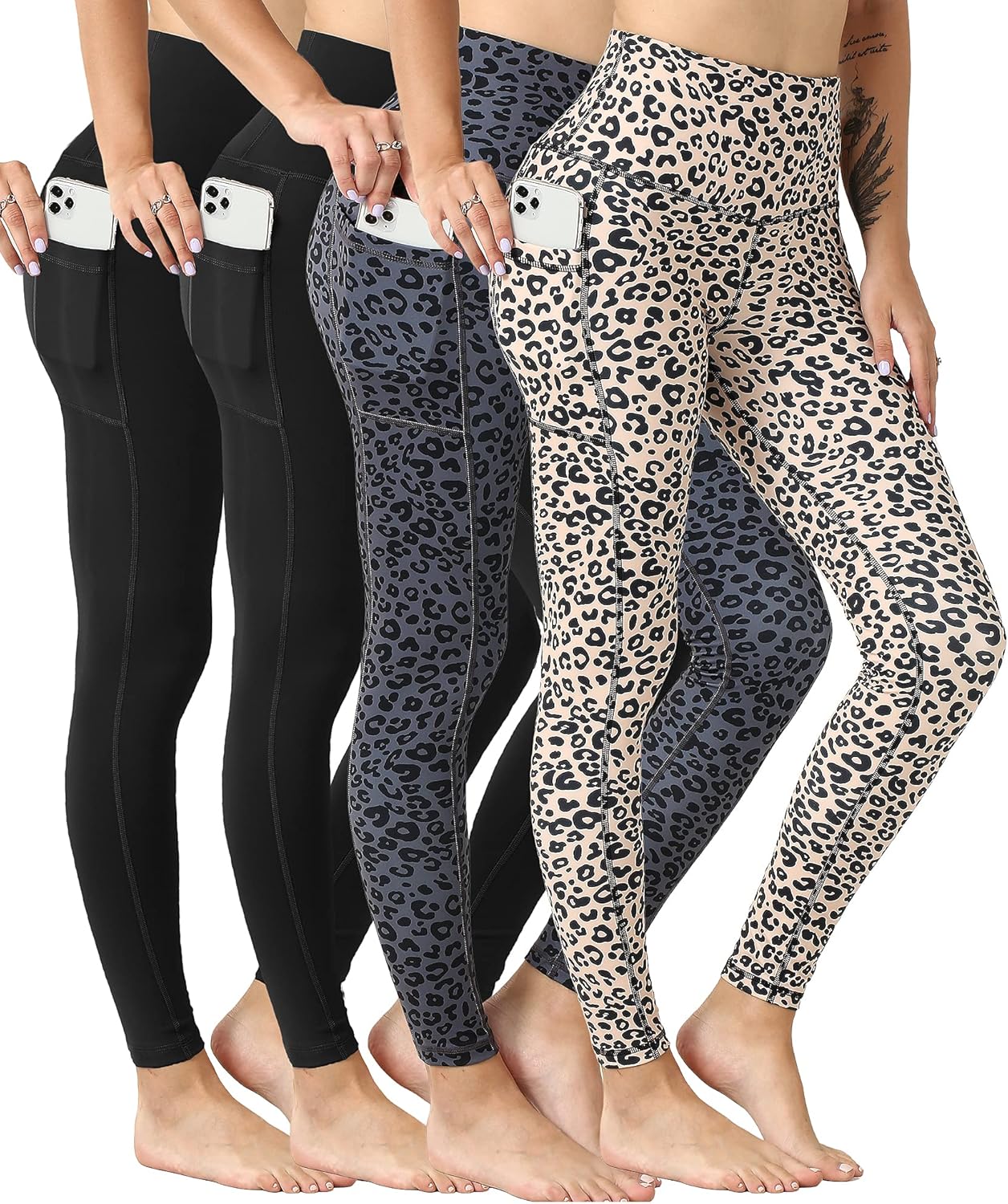 4 Pack Leggings with Pockets for Women, High Waist Tummy Control