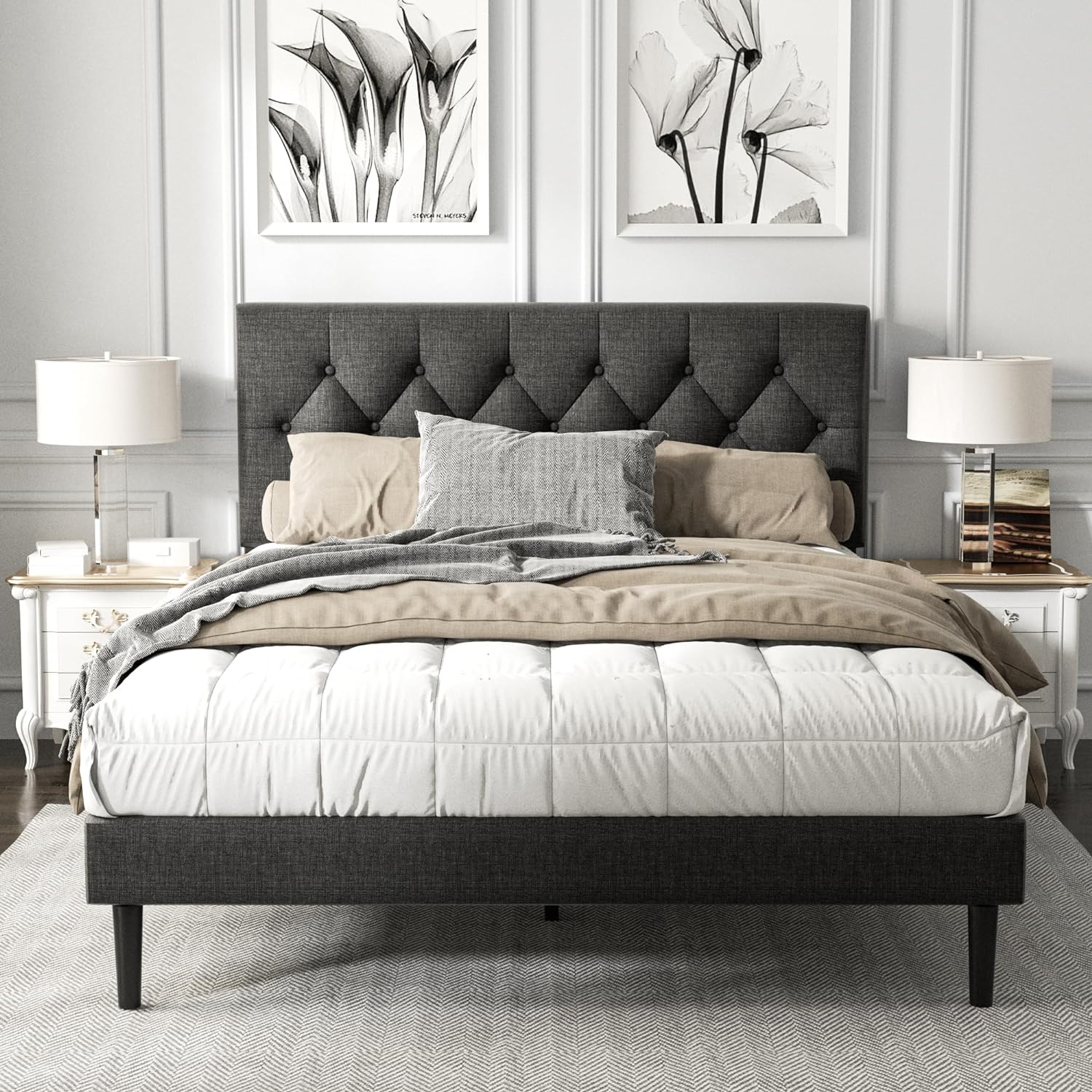 Full Size Platform Bed Frame with Upholstered Headboard Design