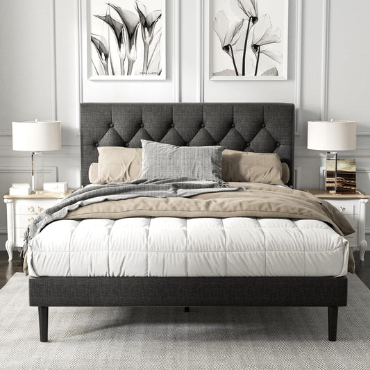 Full Size Platform Bed Frame with Upholstered Headboard Design