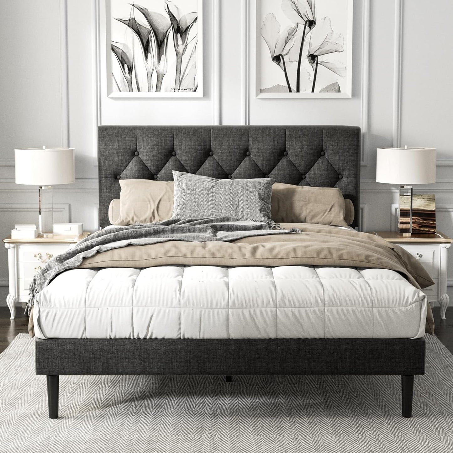 Queen Size Platform Bed Frame with Upholstered Headboard for Comfort
