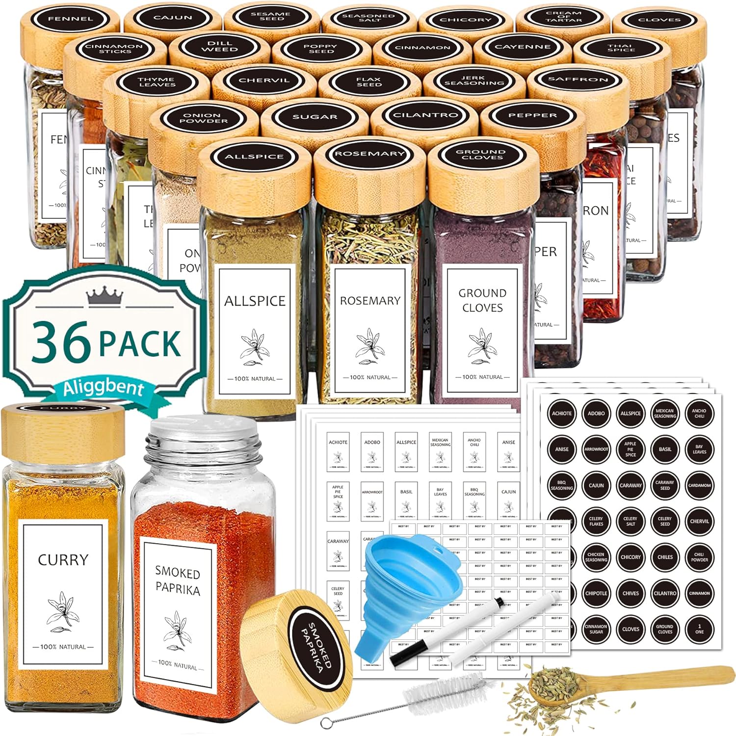 Aliggbent Spice Jars Set: 36 Pcs Glass Containers with Lids