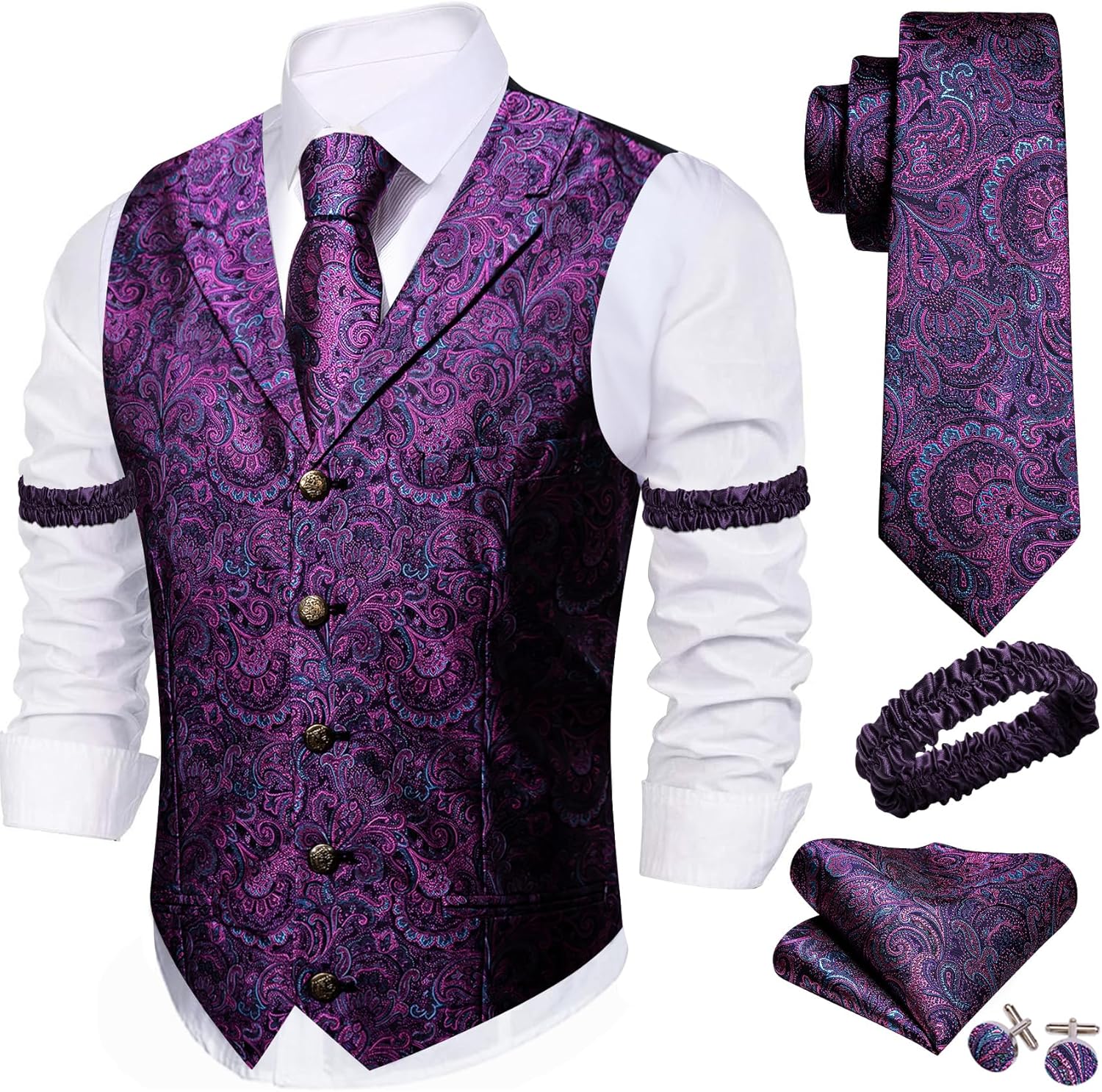 Stylish Mens Silk Lapel Vest Tie Sleeve Holder Set for Weddings