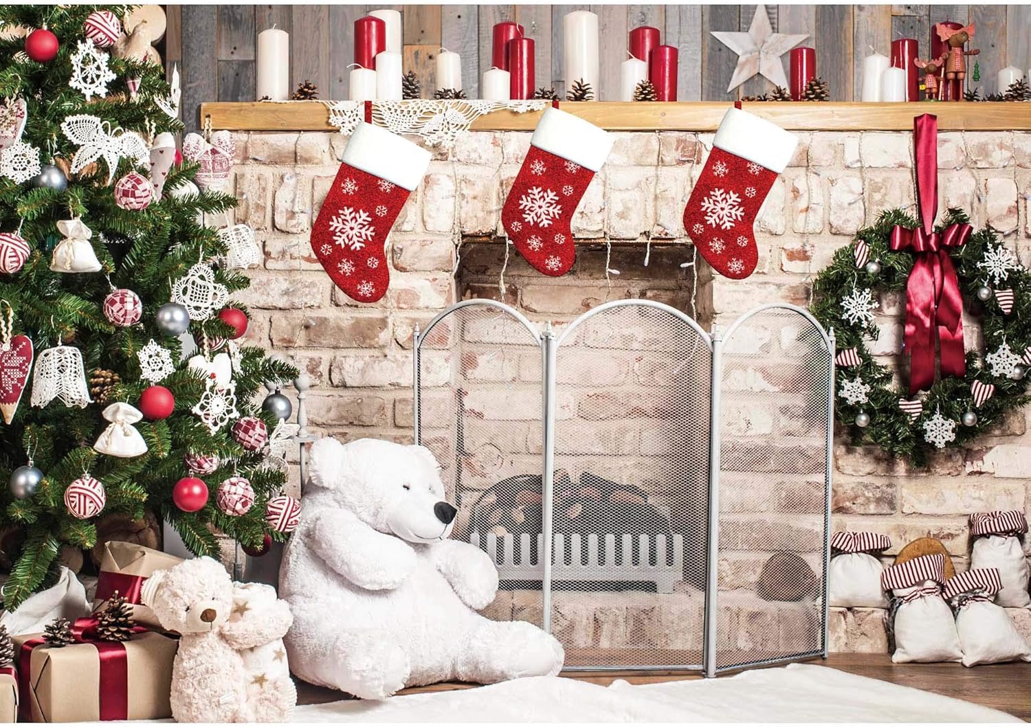 10x8ft Christmas Fireplace Backdrop for Festive Photo Fun