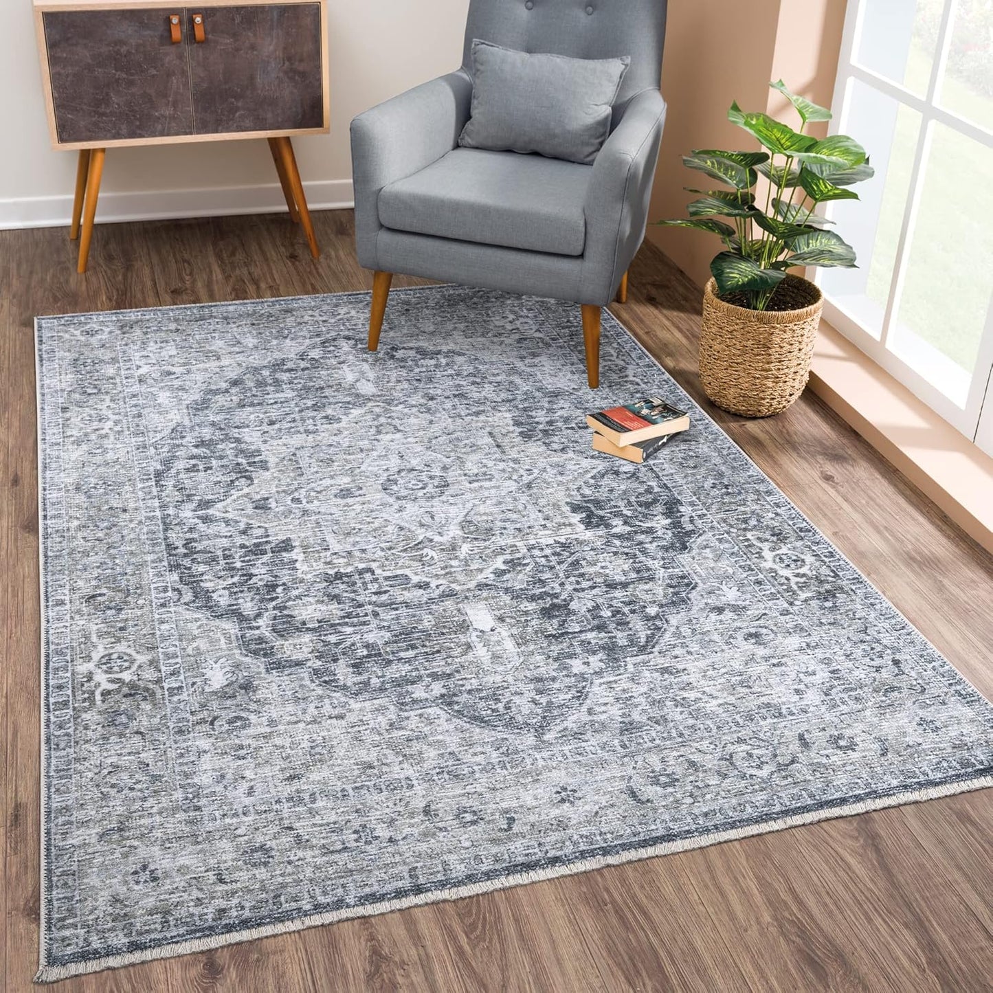 Caria Washable Non-Slip 4x6 Rug - Gray/Dark Blue Area Rug