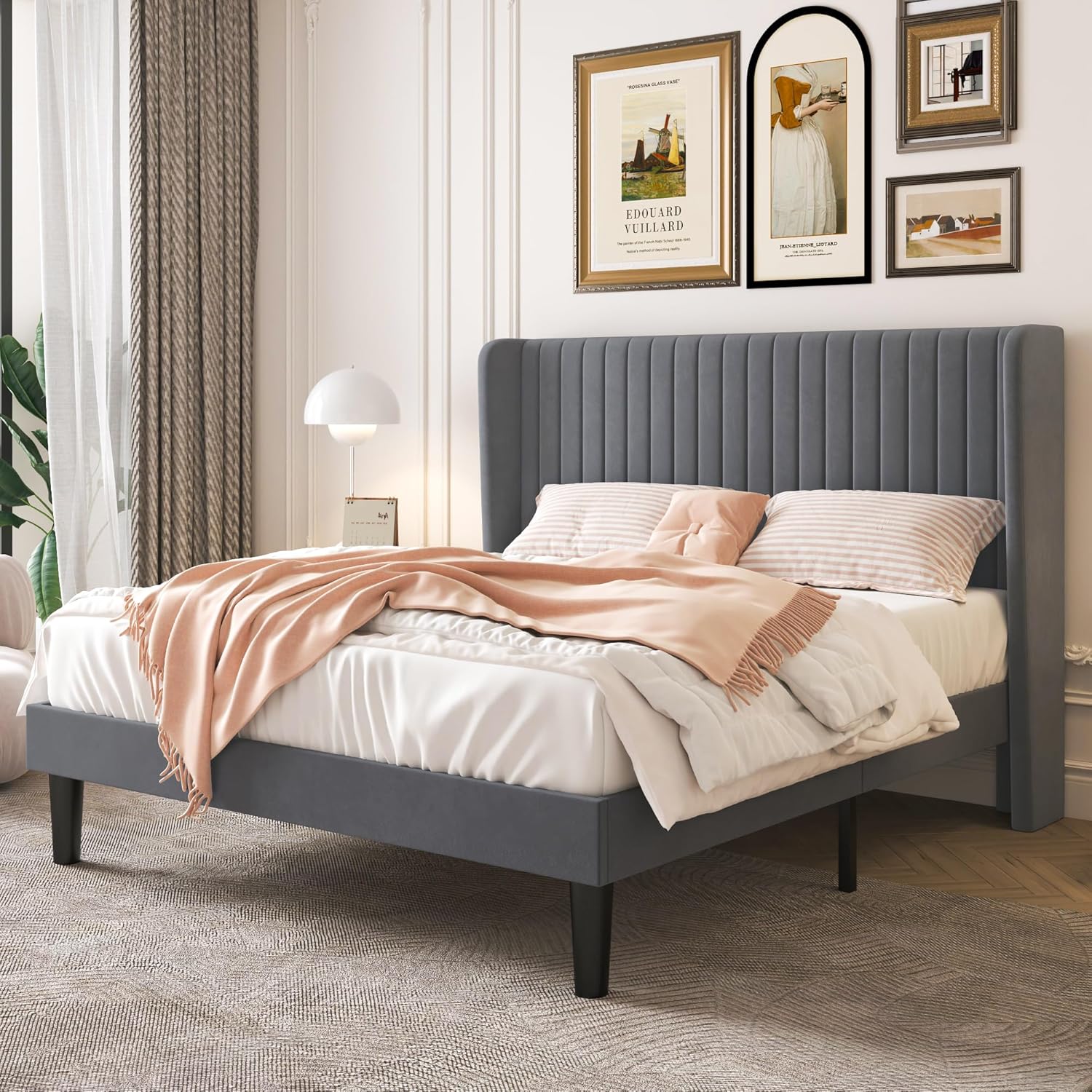 Queen Size Velvet Bed Frame with Wingback Headboard Design