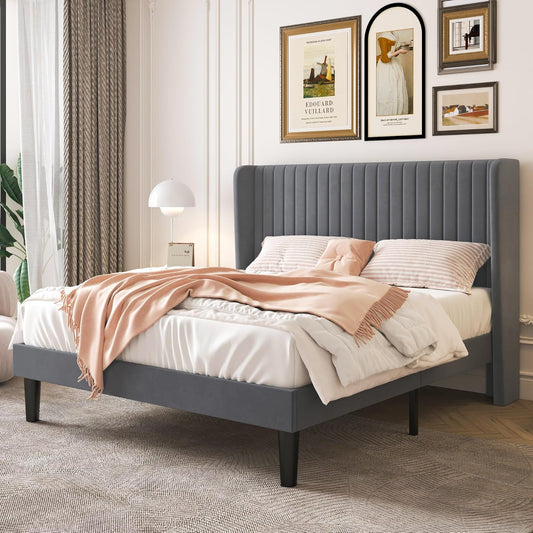 SHA CERLIN Full Size Velvet Bed Frame with Wingback Headboard