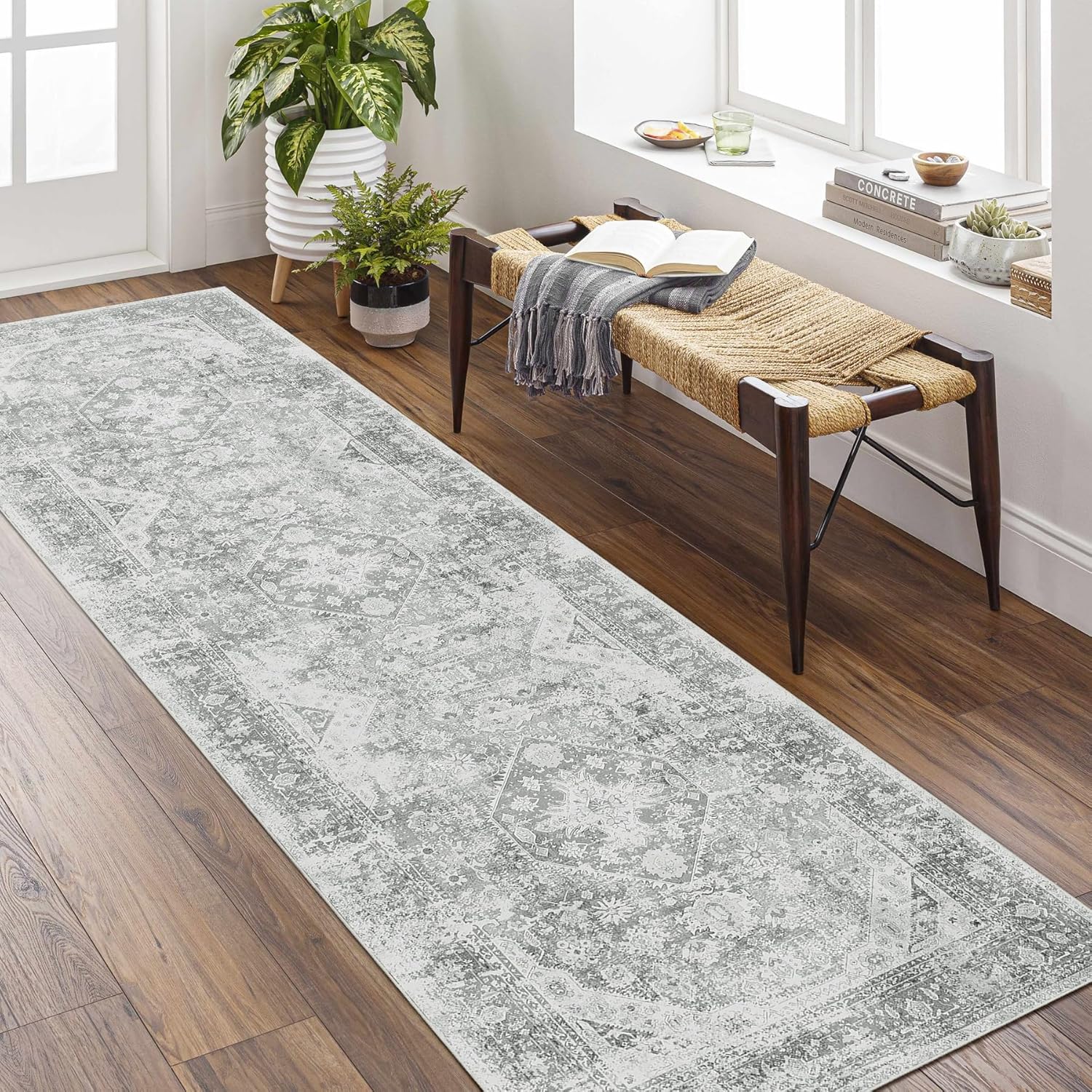 MUJOO 2x8 Runner Rug - Washable Non-Slip Soft Grey Floral