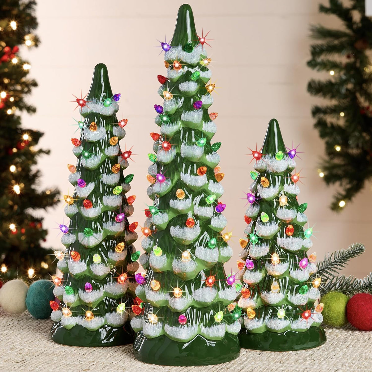 Ceramic Christmas Trees Set of 3 with LED Lights for Holiday Cheer