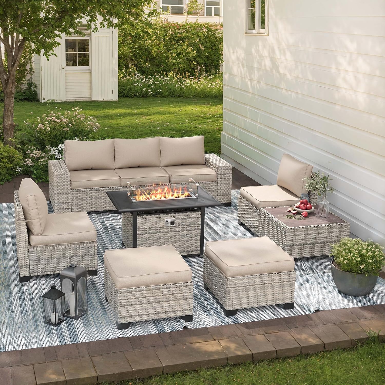 9-Piece Outdoor Patio Furniture Set with Fire Pit Table