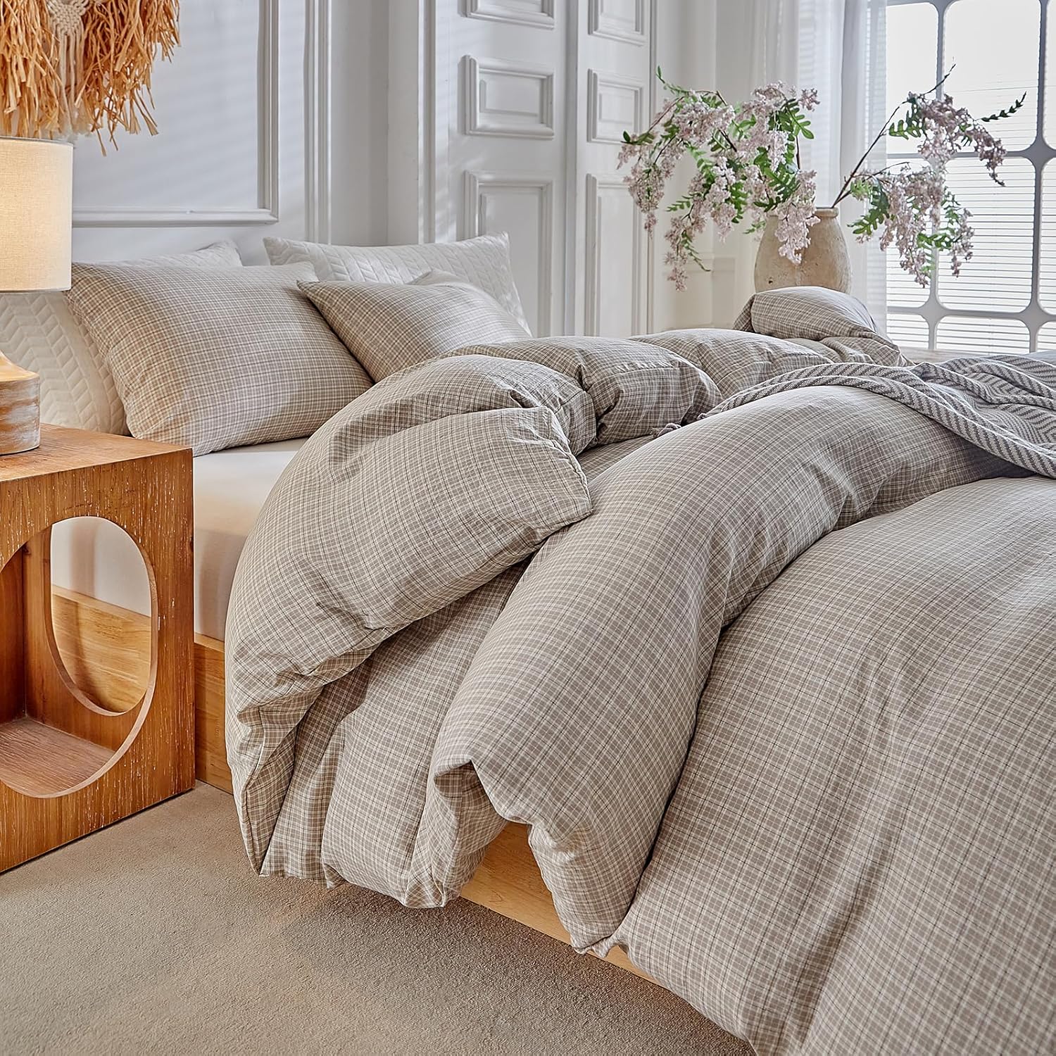 DuShow Grid Queen Duvet Cover Set - Taupe Plaid Elegance