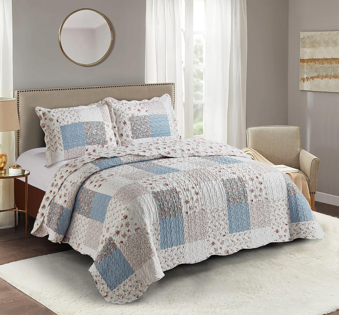Brilliant Sunshine Pink Rose Quilt Set with Blue Check Patchwork