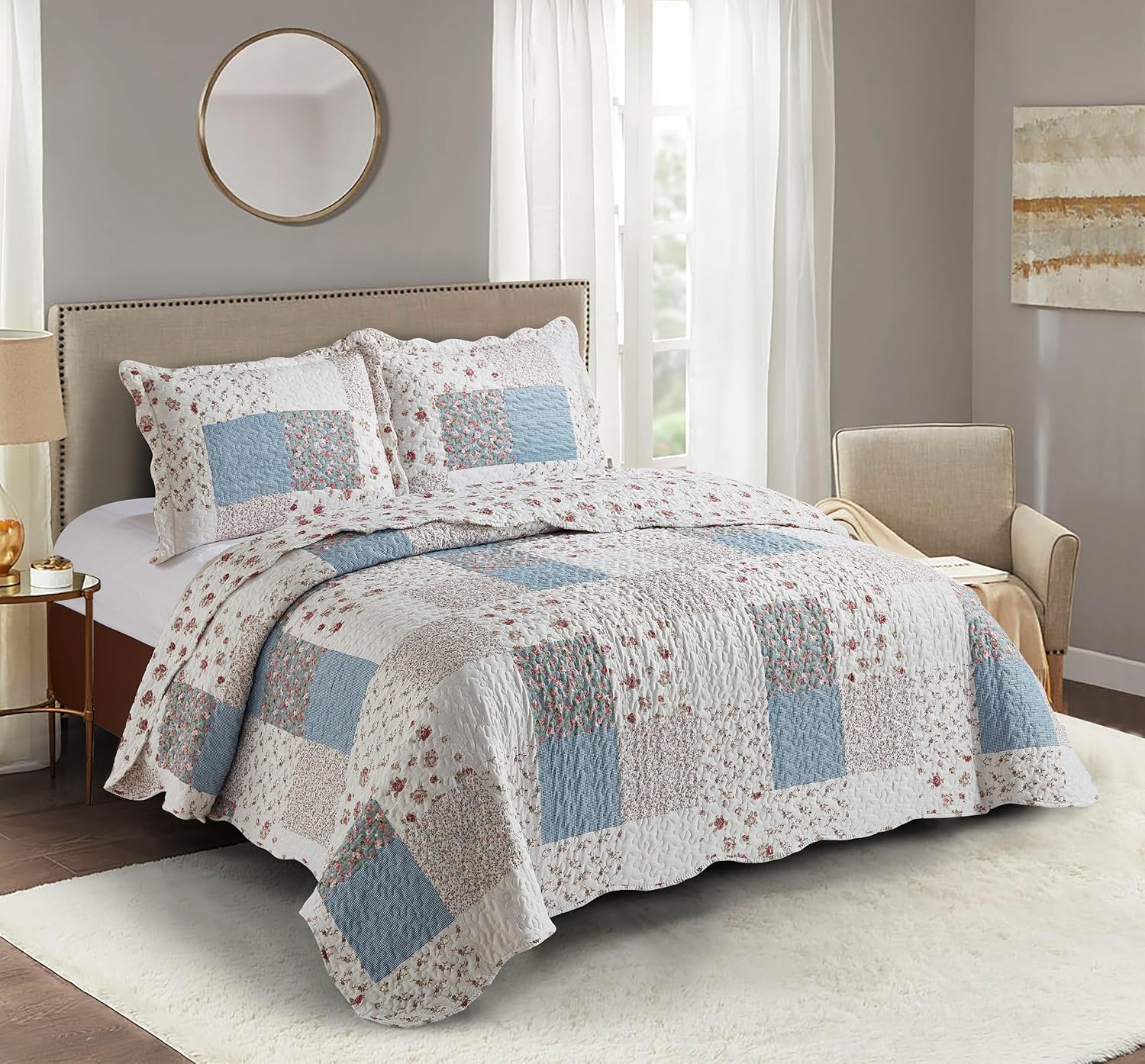 Brilliant Sunshine Pink Rose Quilt Set with Blue Check Patchwork