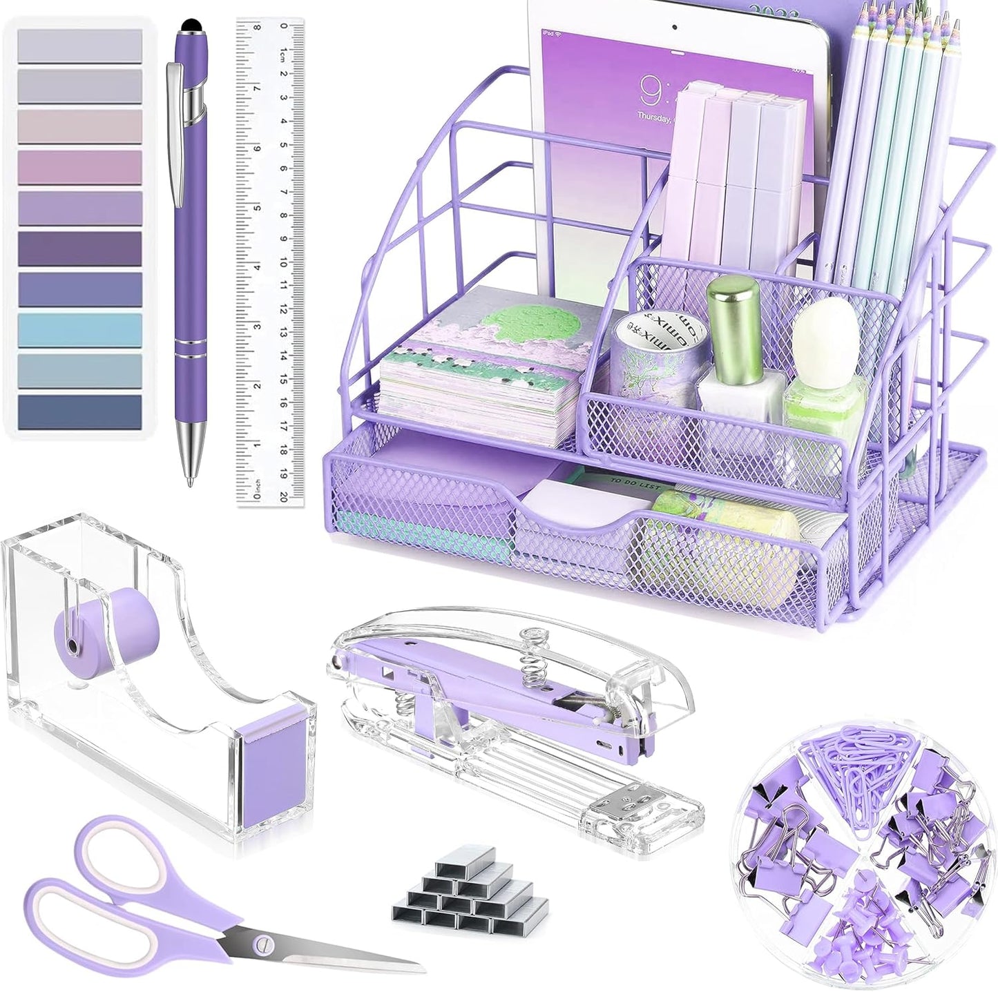 Purple Desk Organizer Set by Scindaly - Mesh Organizer, Tape Dispenser, Stapler & More!