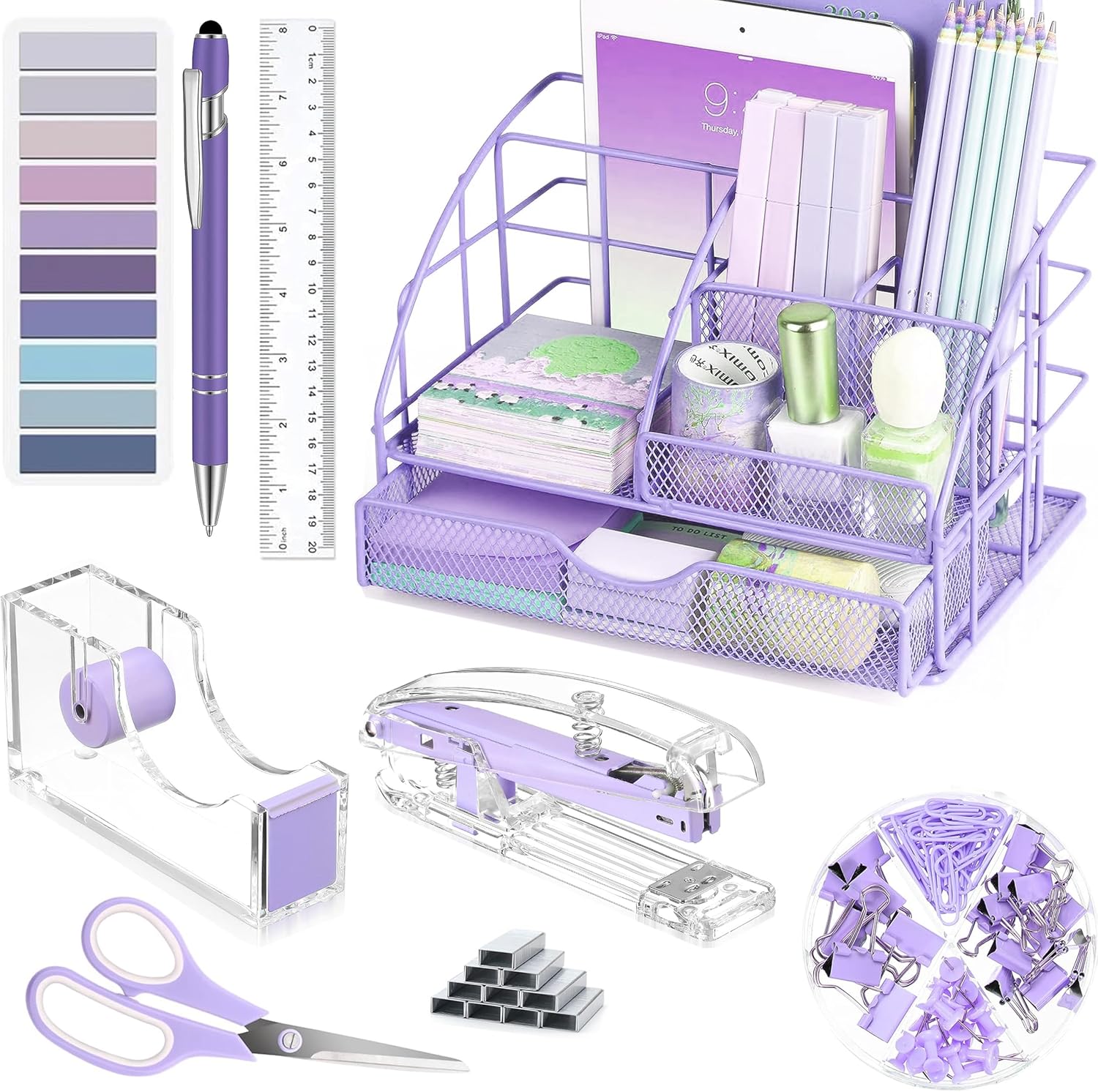 Purple Desk Organizer Set by Scindaly - Mesh Organizer, Tape Dispenser, Stapler & More!