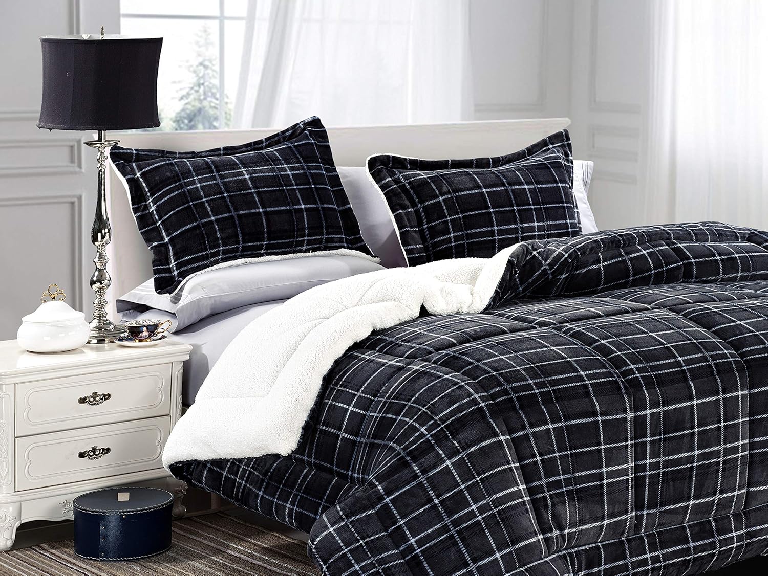 Elegant Comfort Heavy Weight Plaid Micromink Sherpa Comforter Set