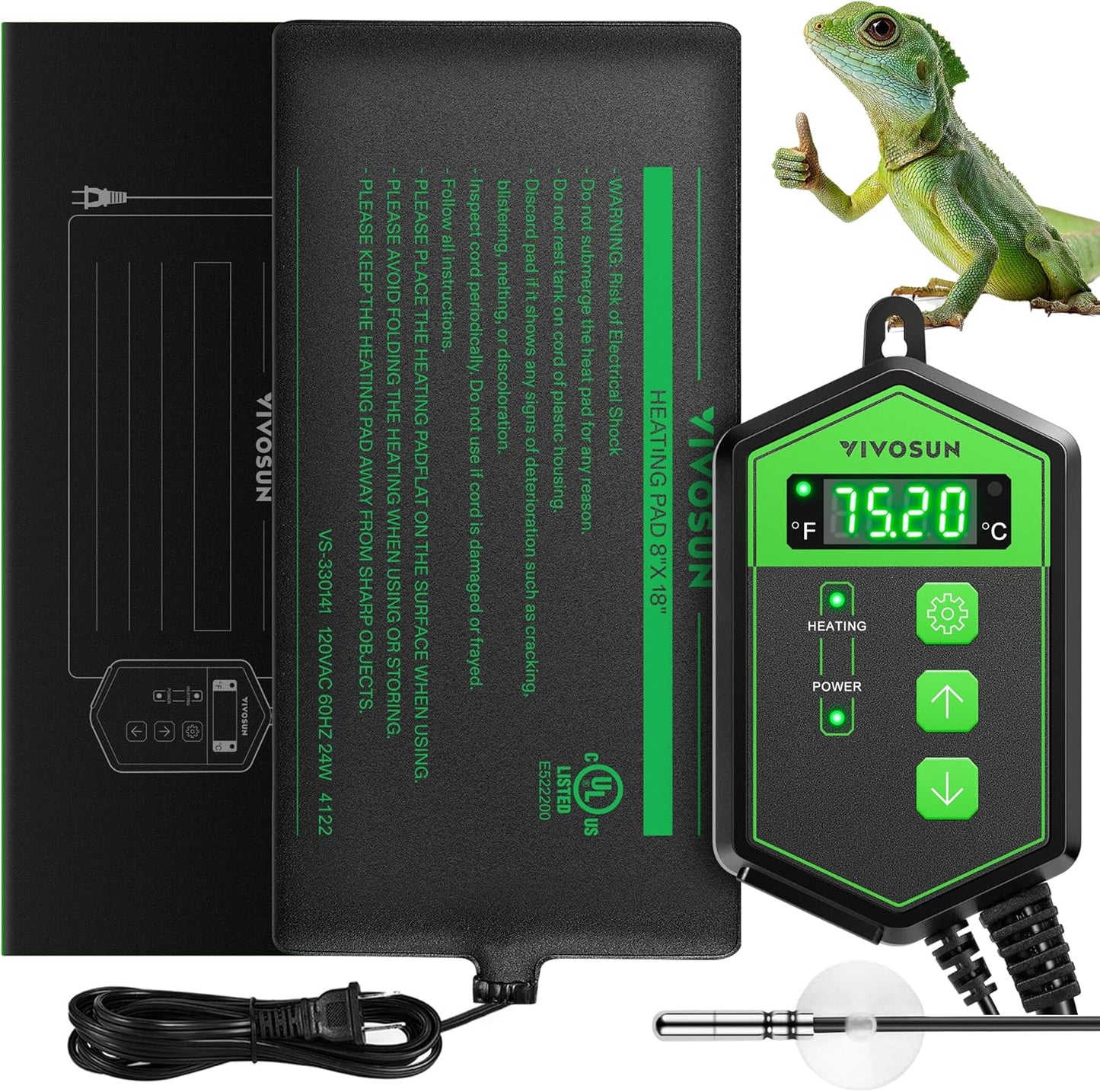 VIVOSUN Reptile Heating Pad 8x18 Inch with Thermostat Combo