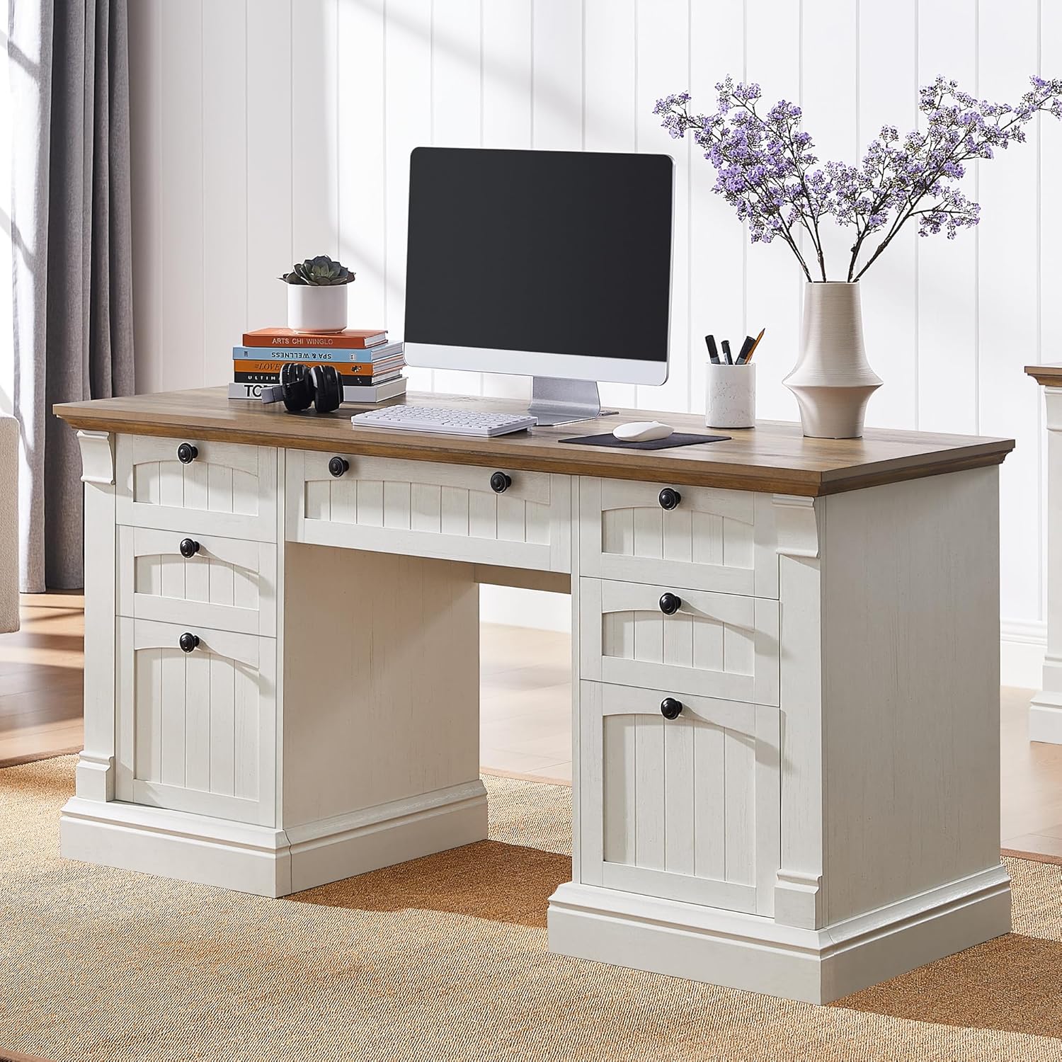 Farmhouse Executive Desk with Storage & Charging Station