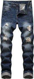 Mens Ripped Jeans Slim Fit Straight Leg Distressed Denim - Comfortable