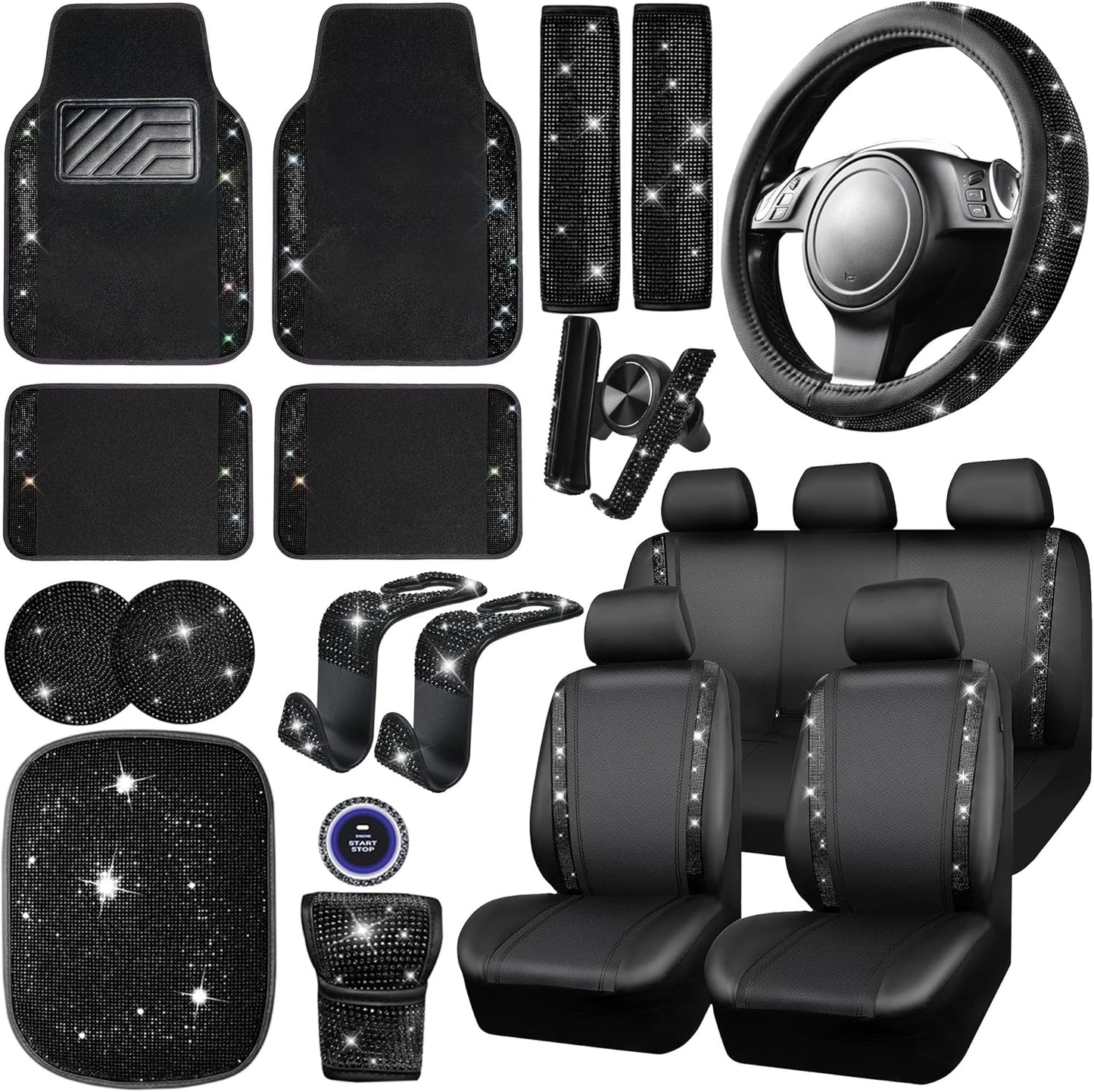Bling Diamond Car Accessories Set for Women by CAR PASS - 23 PCS