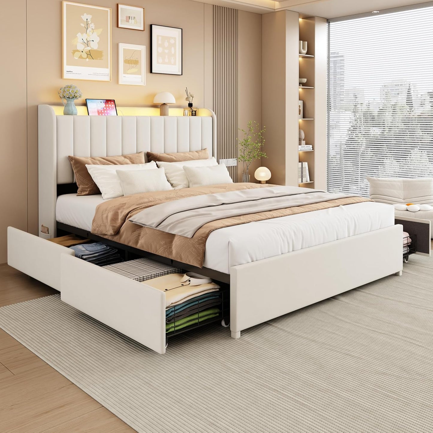 Full Bed Frame with Storage Drawers and LED Lighting Features