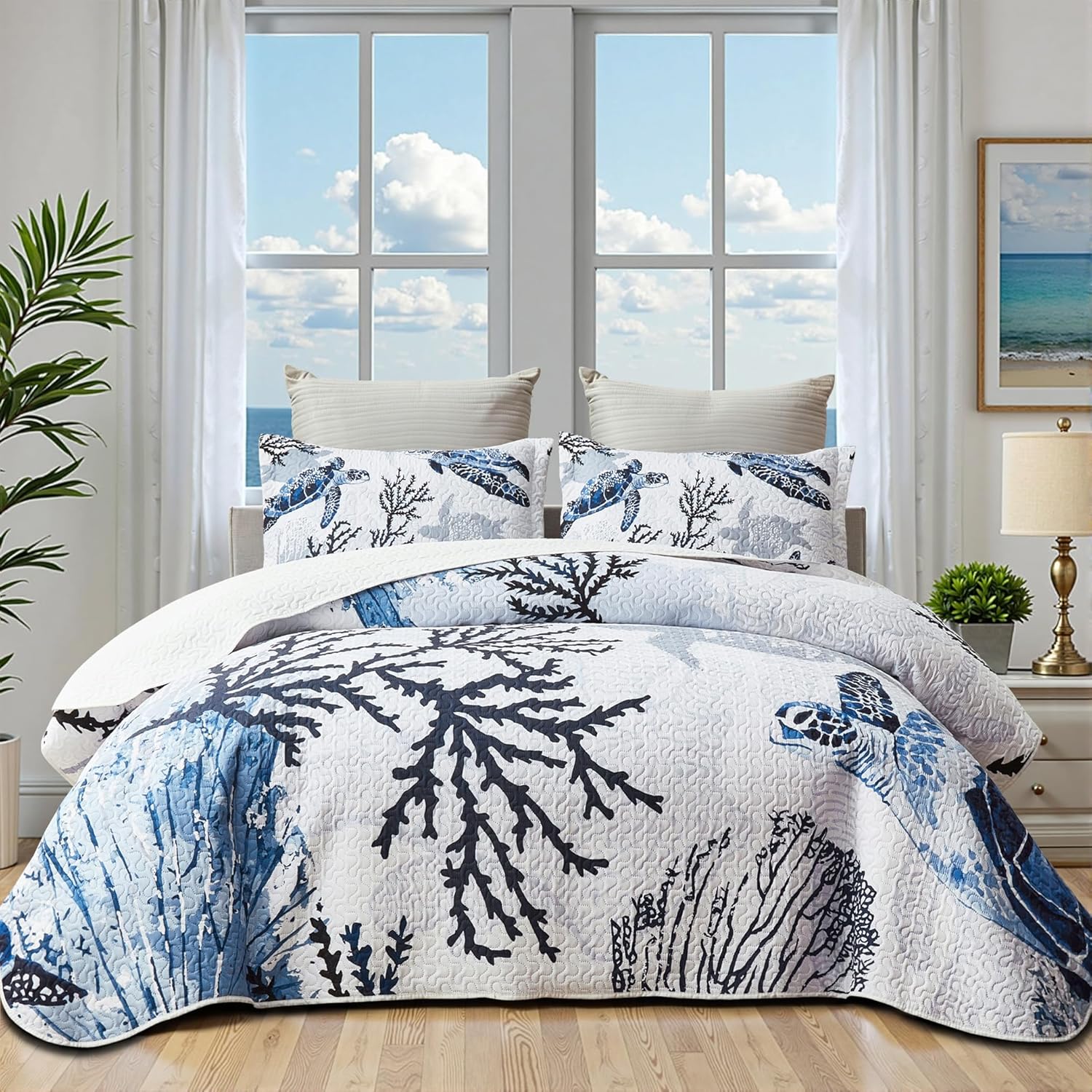 Coastal Bedding Queen Size Quilt Set with Nautical Shams