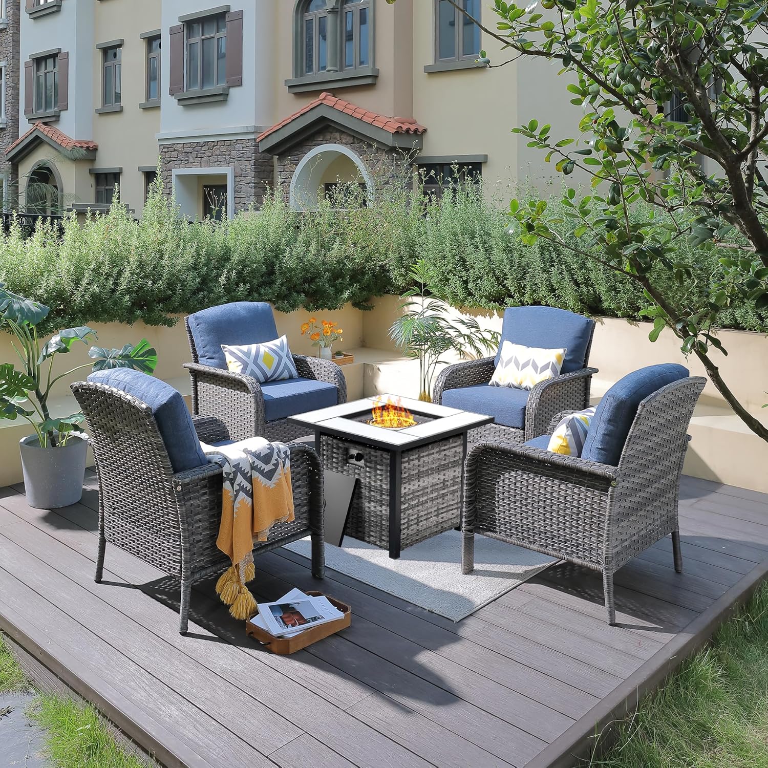 ovios 4 Pieces Patio Furniture Set with Fire Pit Table for Outdoor