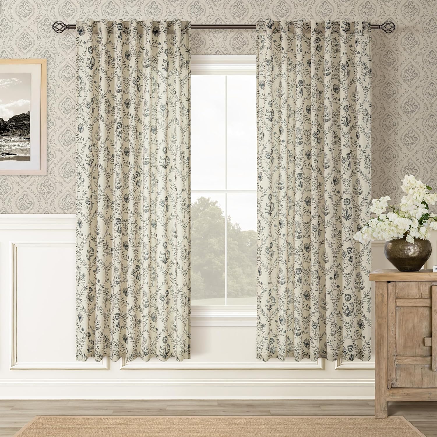 Greenish Charcoal Floral Linen Curtains for Cozy Home Decor