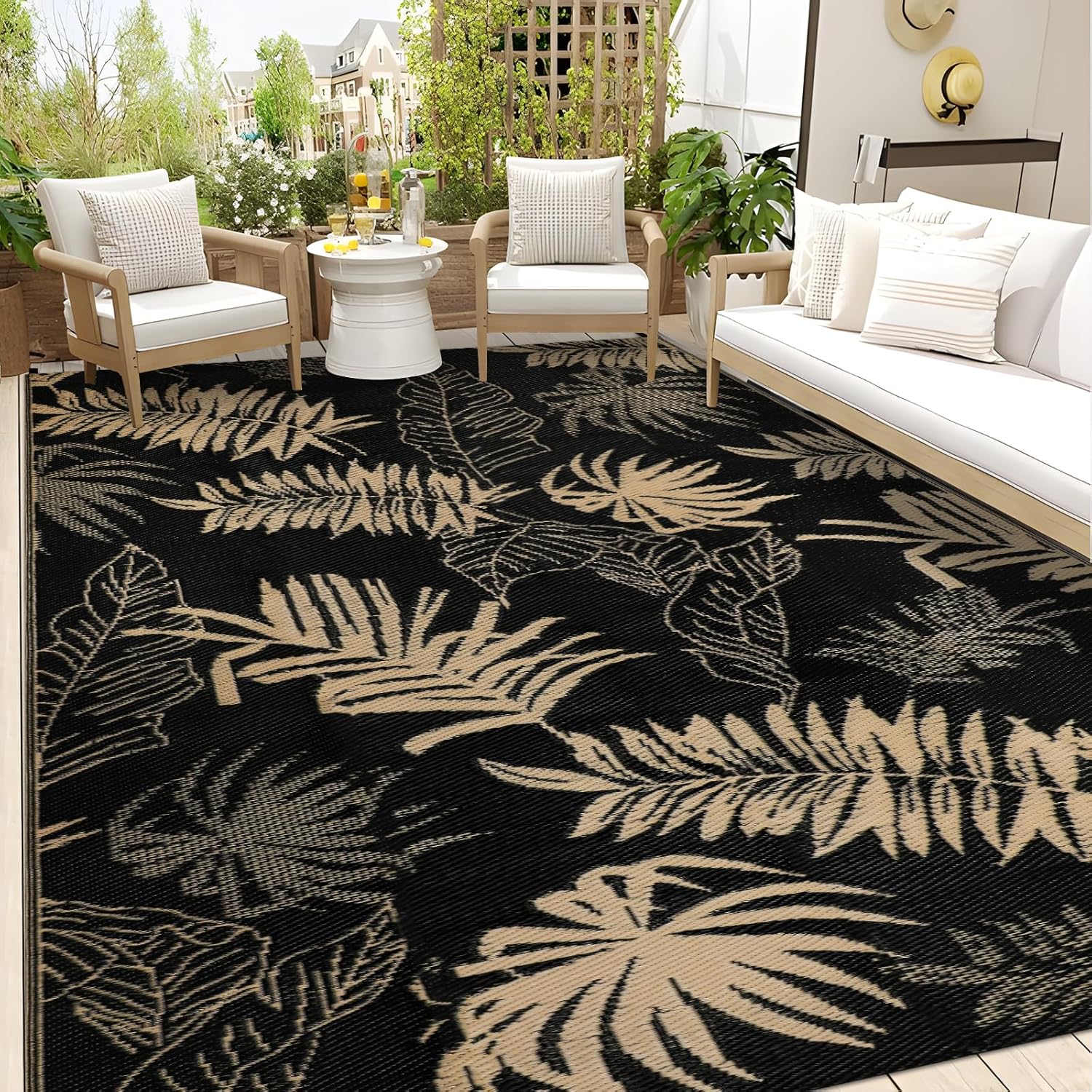 Falflor Outdoor Rug Waterproof 9x12 Reversible Plastic Straw