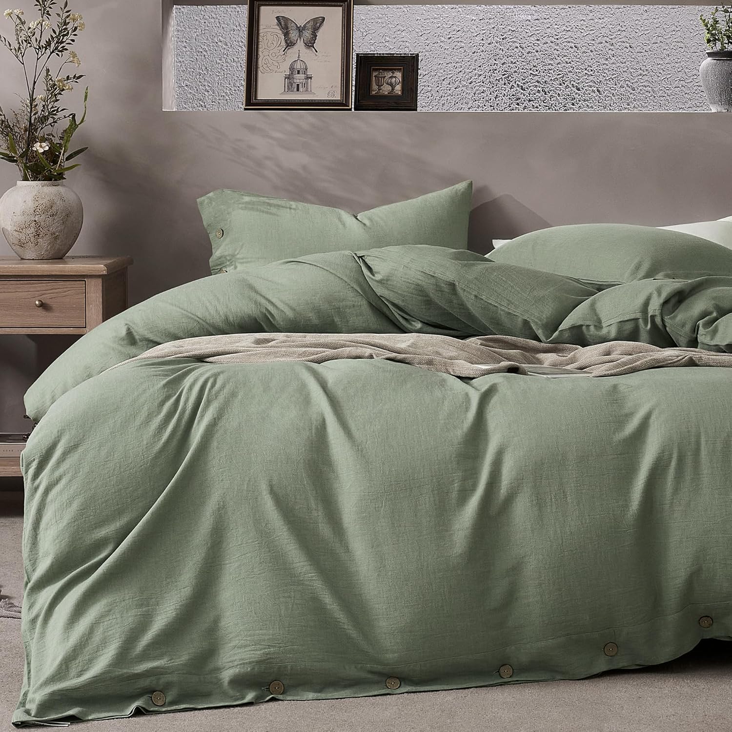 JELLYMONI Cotton Duvet Cover Queen Size - Sage Green Soft Set