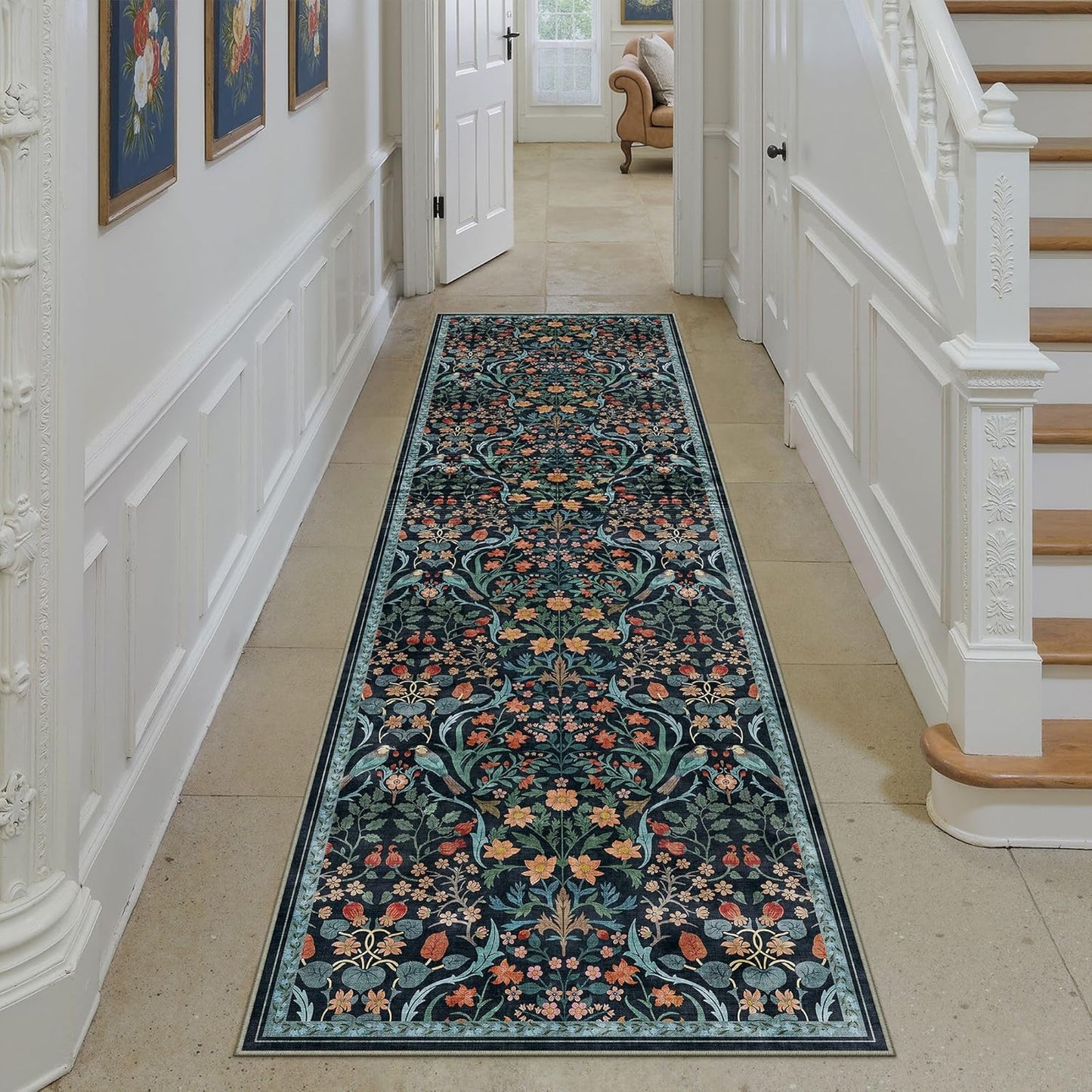 2x8 Washable Blue Floral Runner Rug for Living Room and More