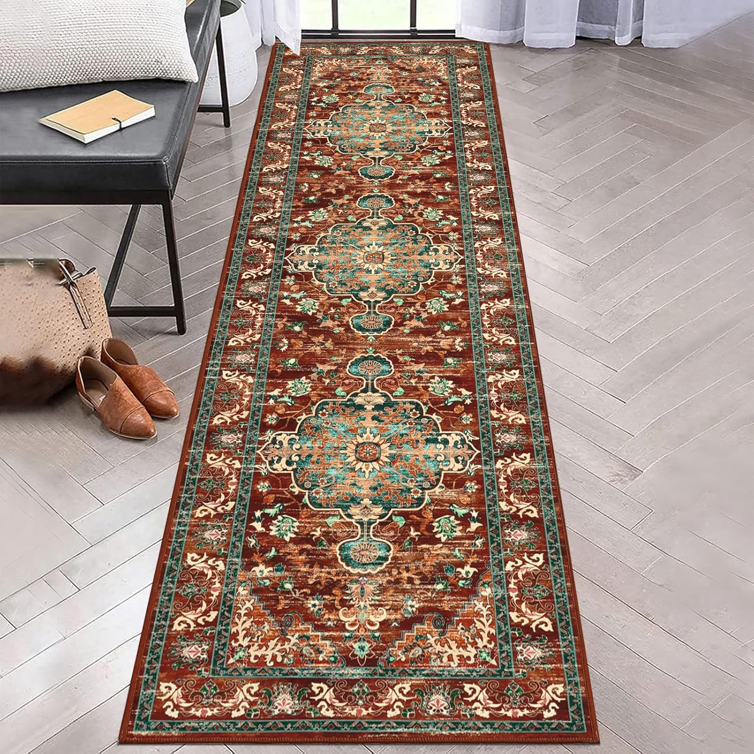 Boho Hallway Runner Rug 2ft x 8ft Non Slip Vintage Accent Carpet