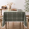 Boho Grid Table Cloth with Tassels Olive 60ft x 104ft - Durable Linen