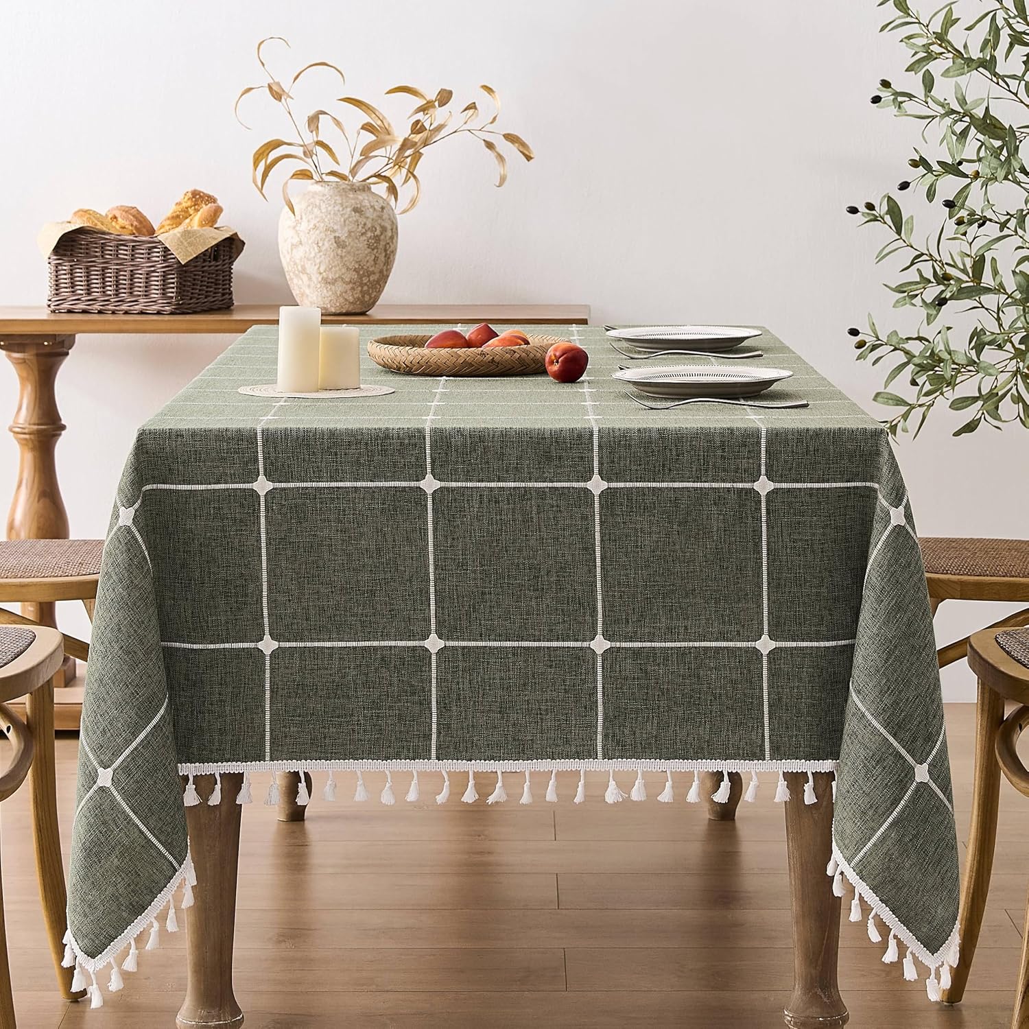 Boho Grid Table Cloth with Tassels - Olive Green 60 x 104 in