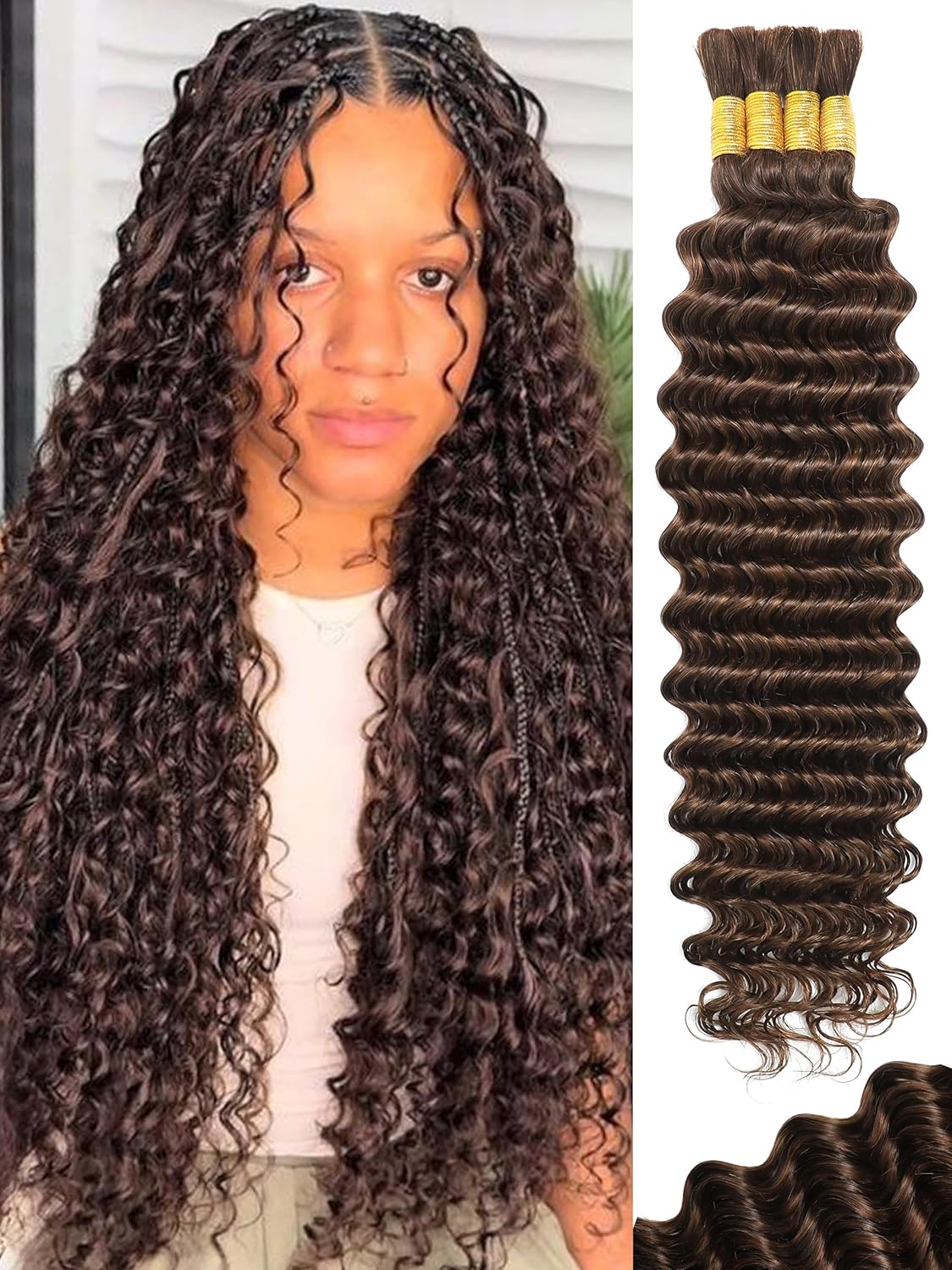 Chocolate Brown Deep Wave Bulk Human Braiding Hair for Styling
