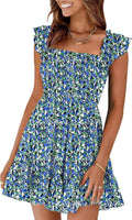 Womens Summer Casual Square Neck Smocked Short Sundress