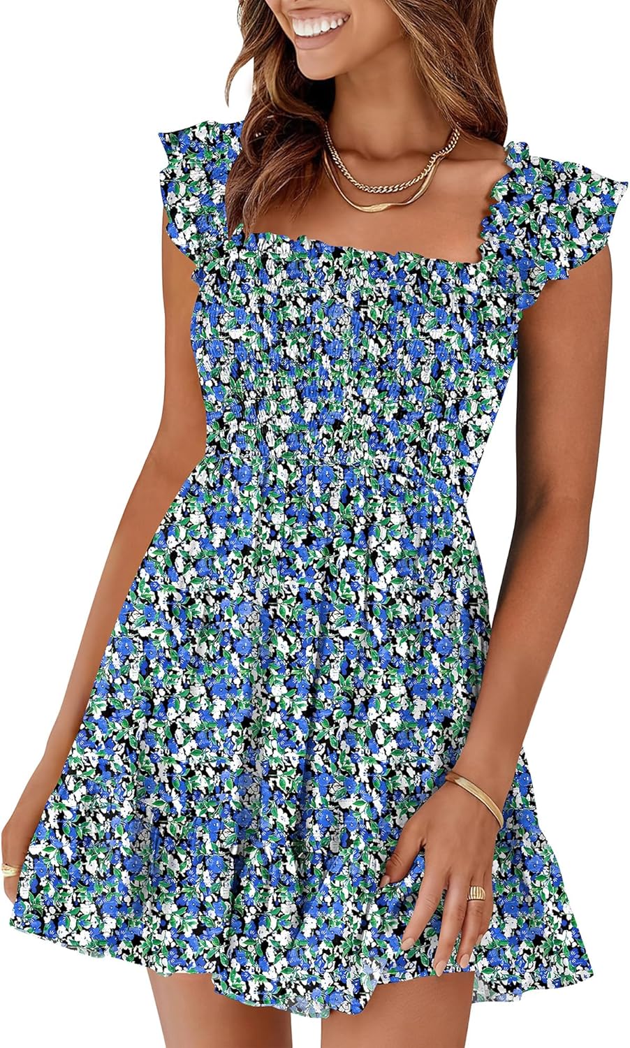 Prinbara Womens Summer Casual Square Neck Smocked Sundress
