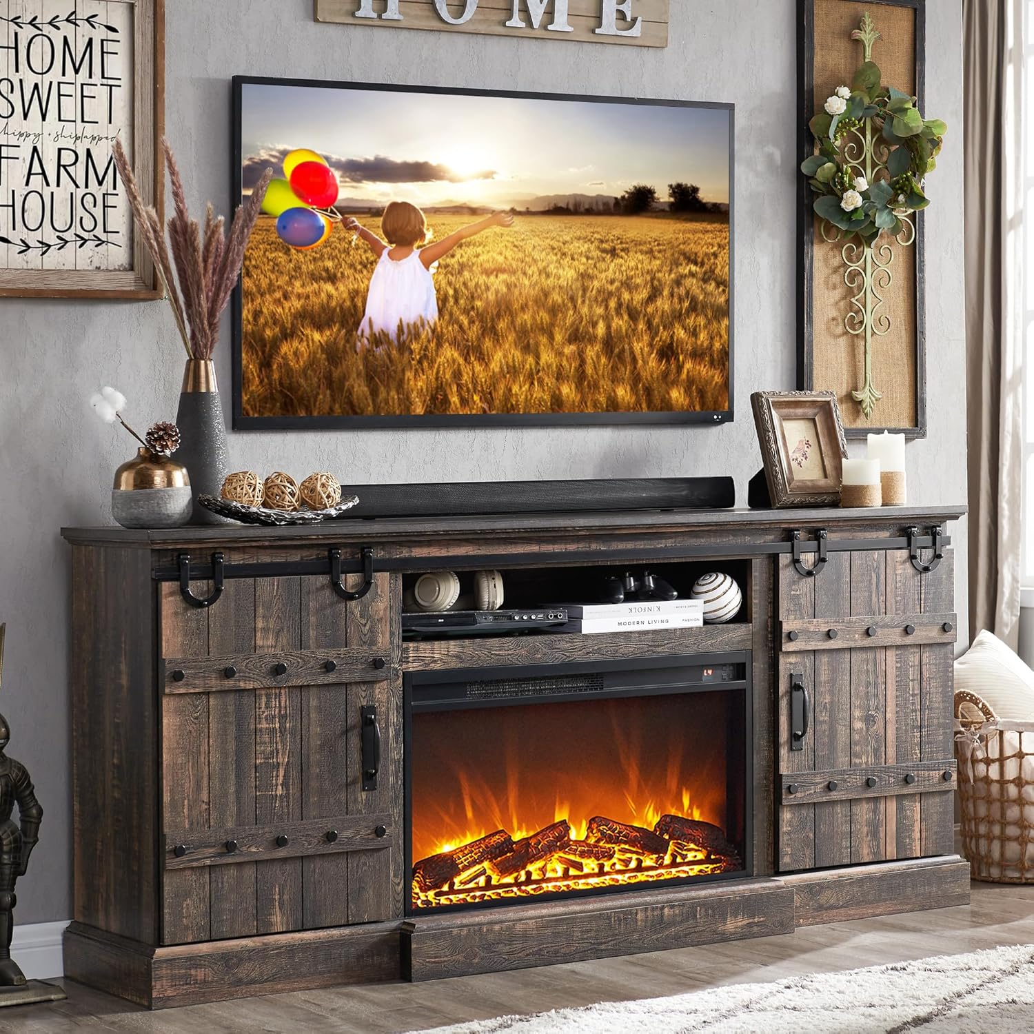Rustic Oak Fireplace TV Stand - Farmhouse Chic for Big Screens!