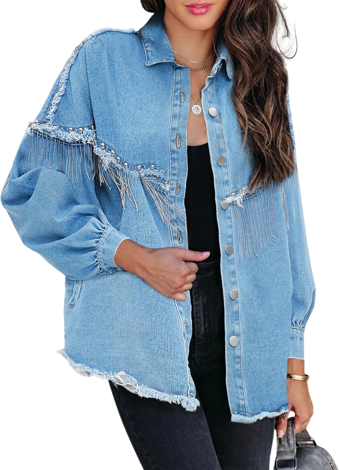 Oversized Fringe Denim Jacket for Women - Trendy Cowgirl Style
