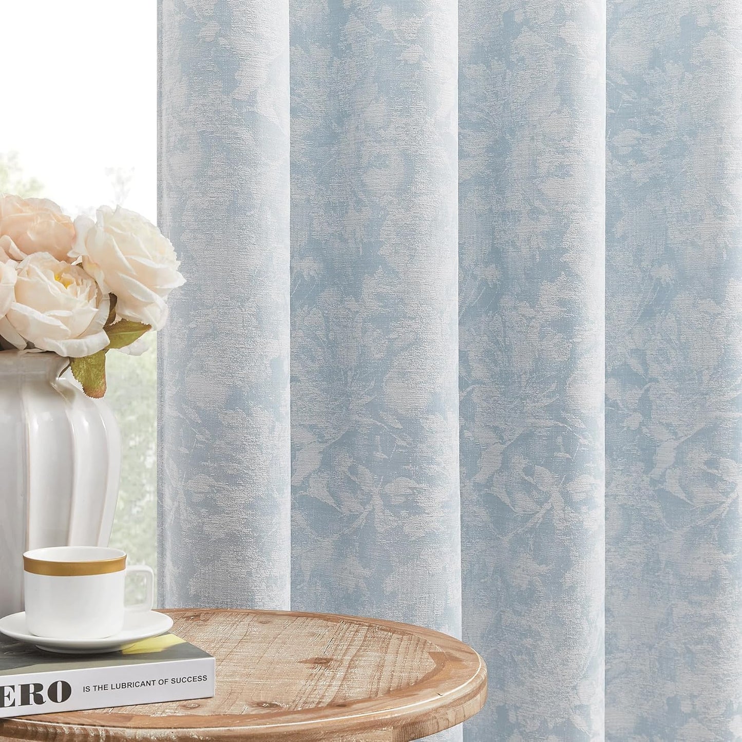 Beauoop Blue Floral Jacquard Blackout Curtains for Home Decor
