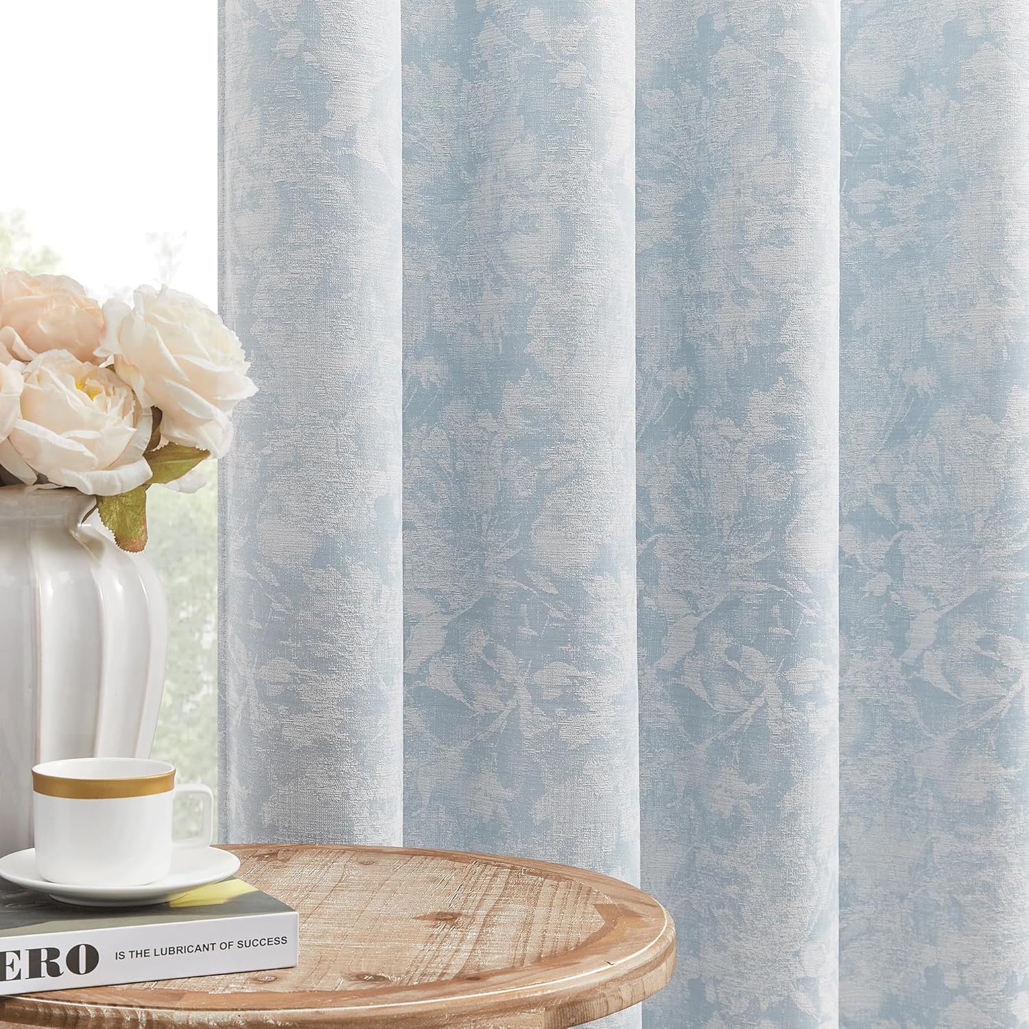 Beauoop Blue Floral Jacquard Blackout Curtains for Home Decor