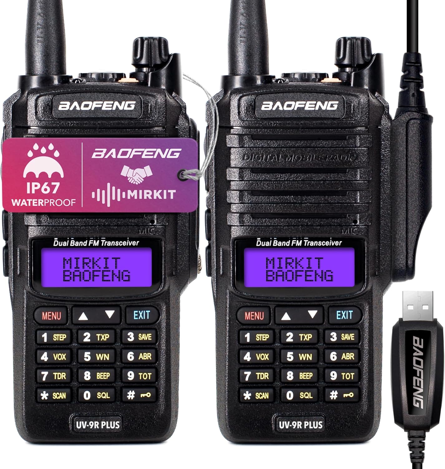 Mirkit 2X Baofeng UV-9R Plus MK1 Walkie Talkie with Cable