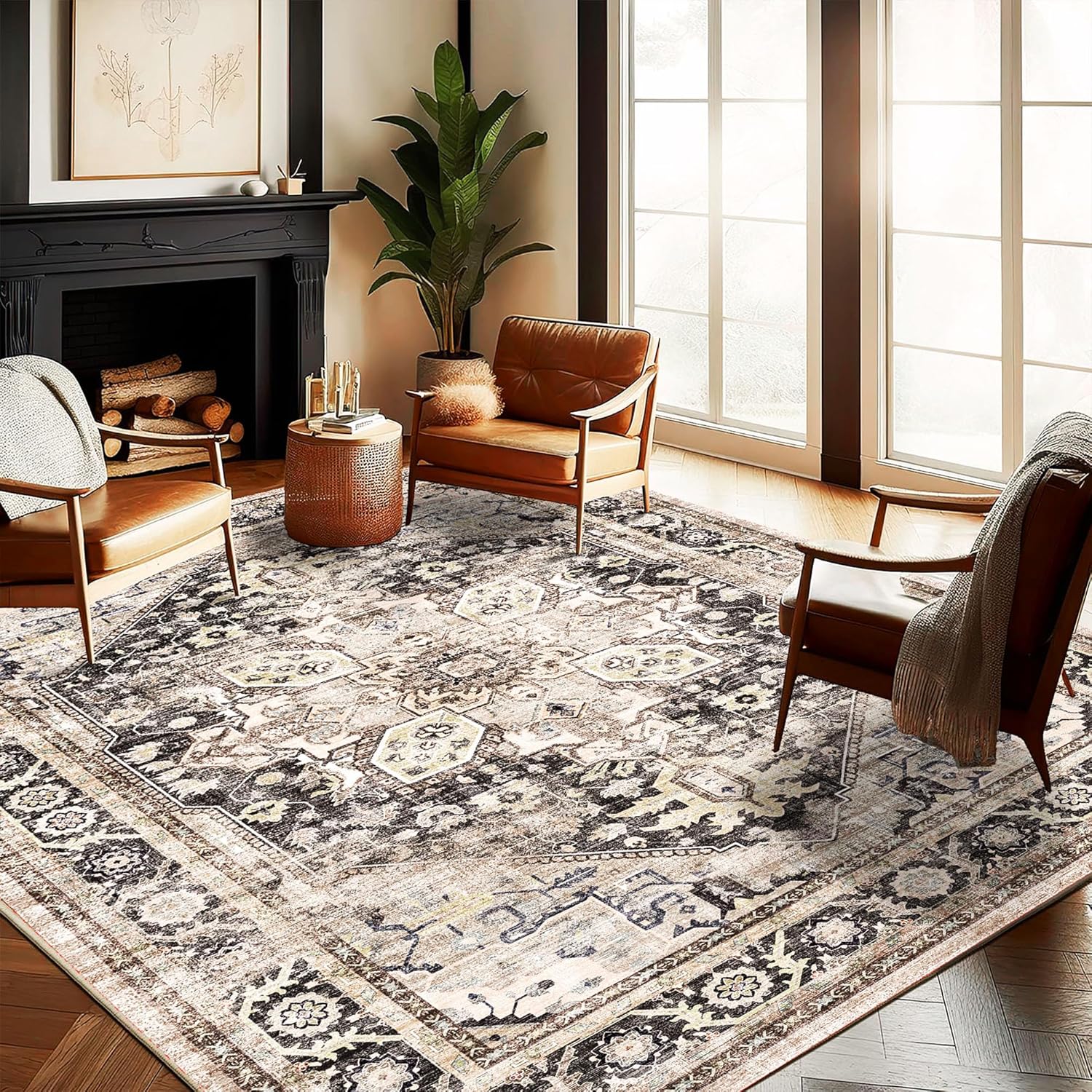 Washable Area Rug 9ftx12ft Black-Purple Khaki Retro Flowers