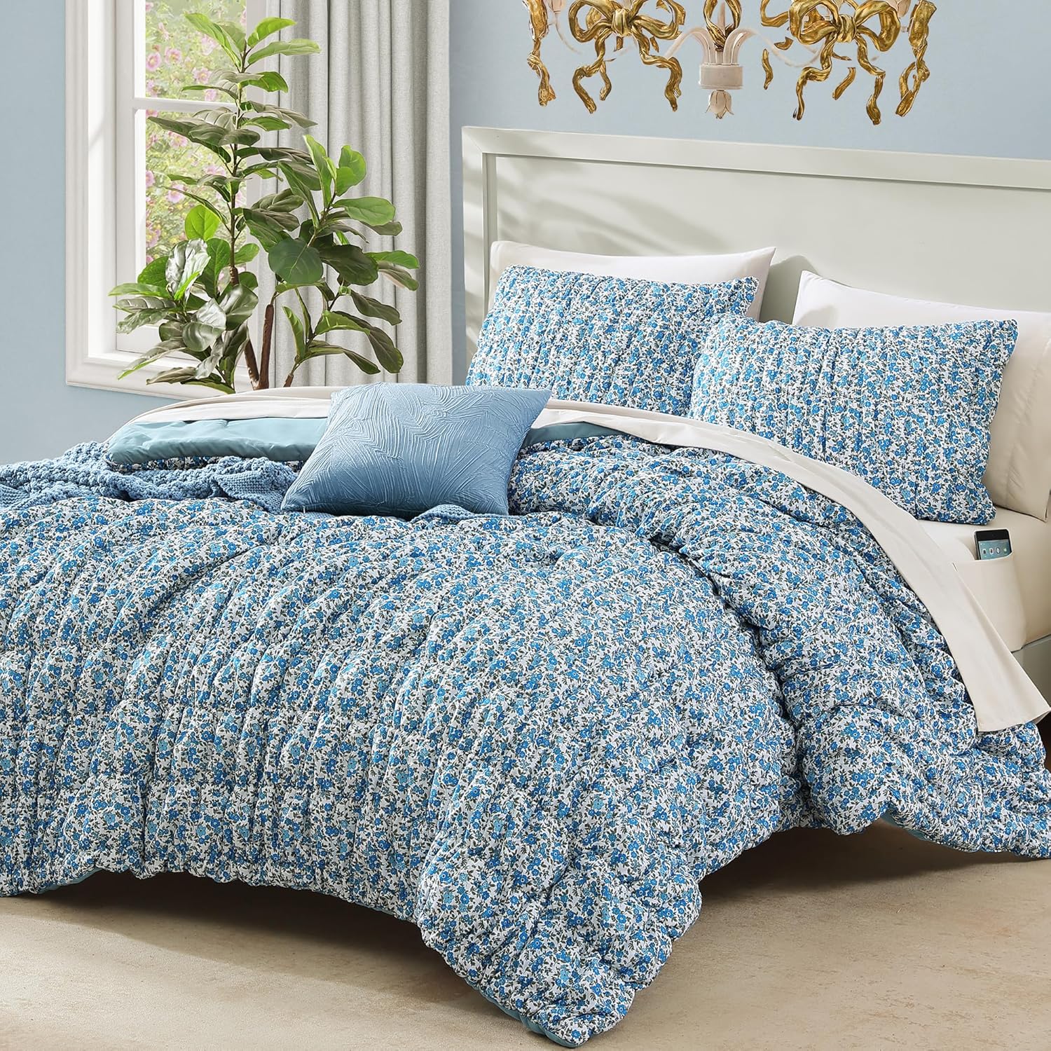 Full Size Comforter Sets - 7 Pieces Puff Blue Floral Bedding