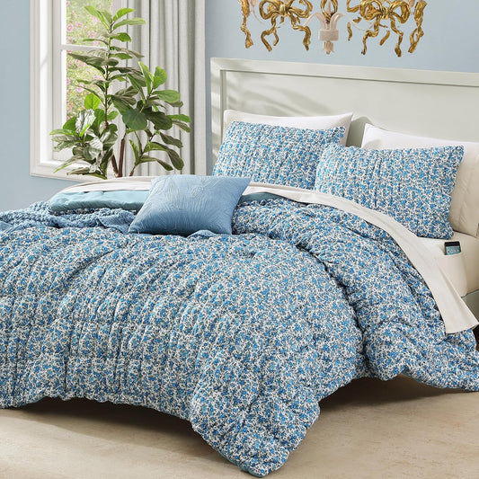Full Size Comforter Sets - 7 Pieces Puff Blue Floral Bedding